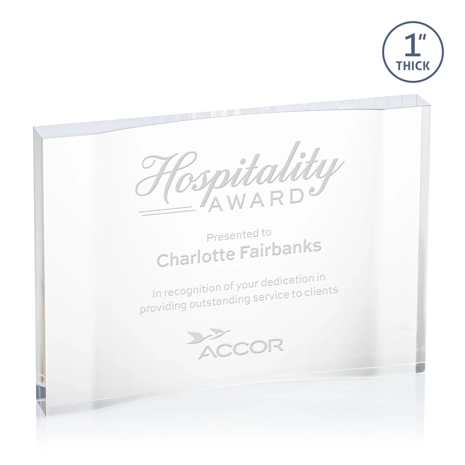 Custom Thick Acrylic Award With Inward-Curved Recessed Text Panel for retirement presentations