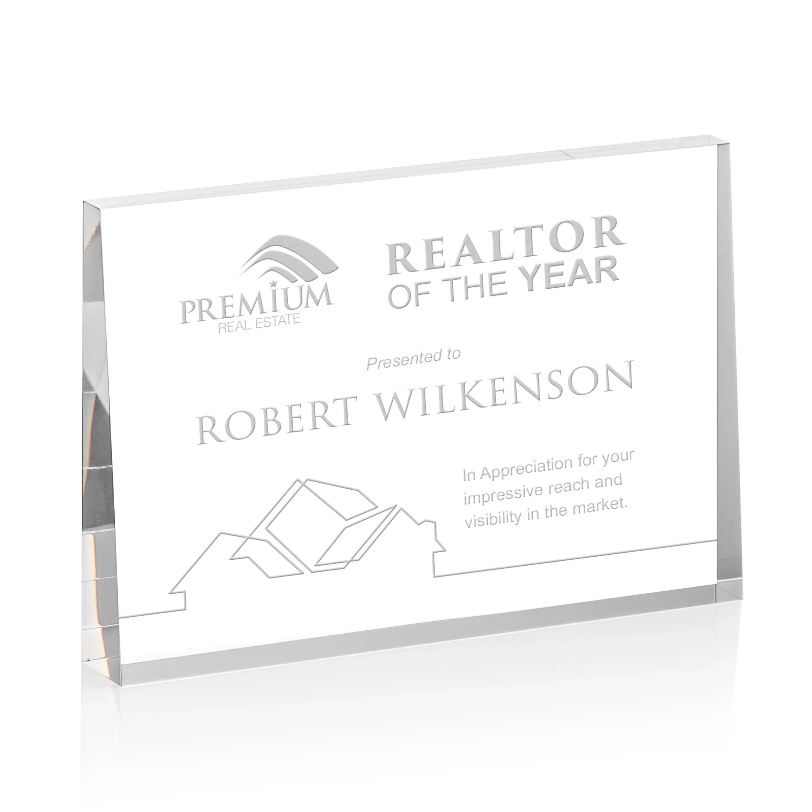 Custom Horizontal Tapered Freestanding Acrylic Award for retirement presentations