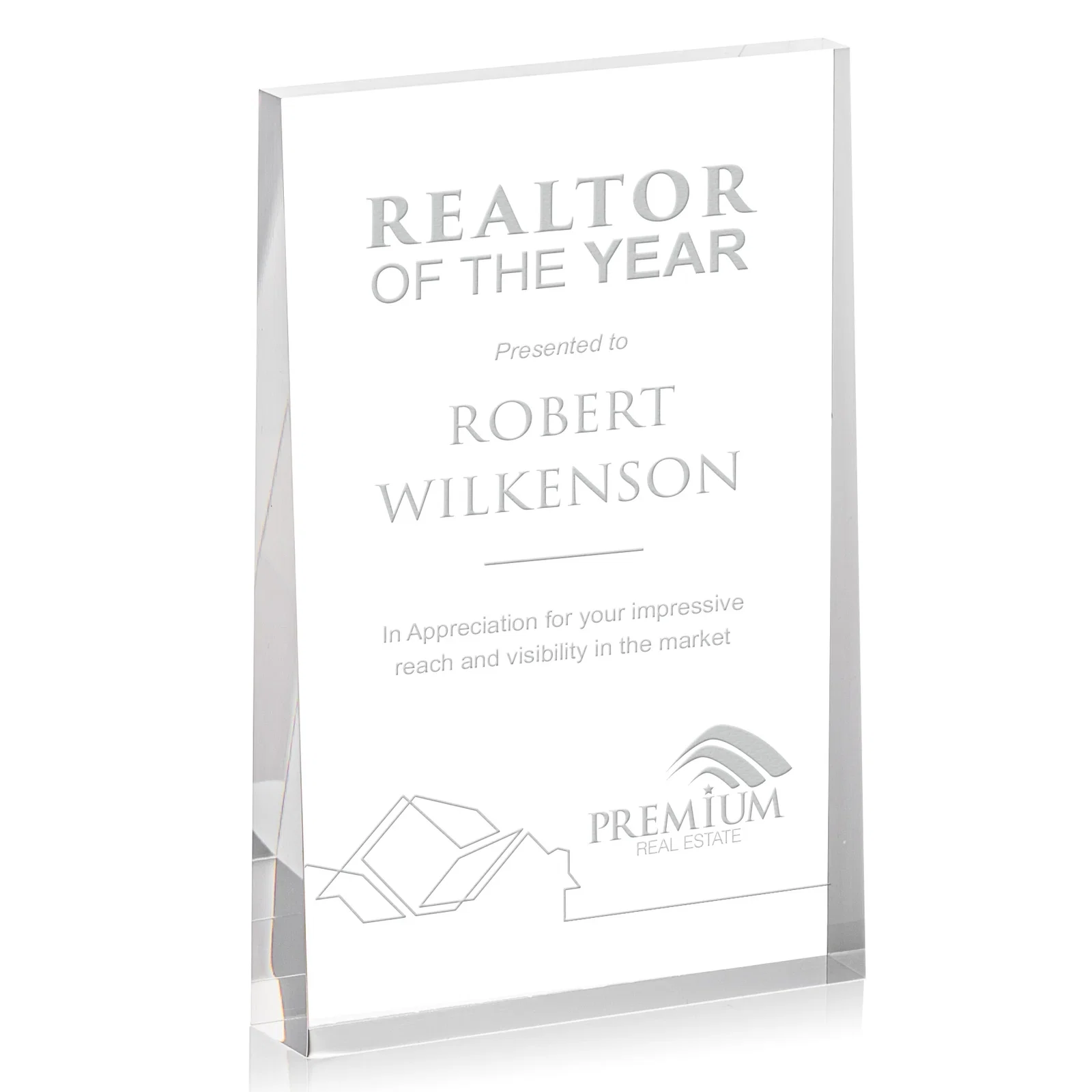 Custom Vertical Tapered Freestanding Acrylic Award for retirement presentations