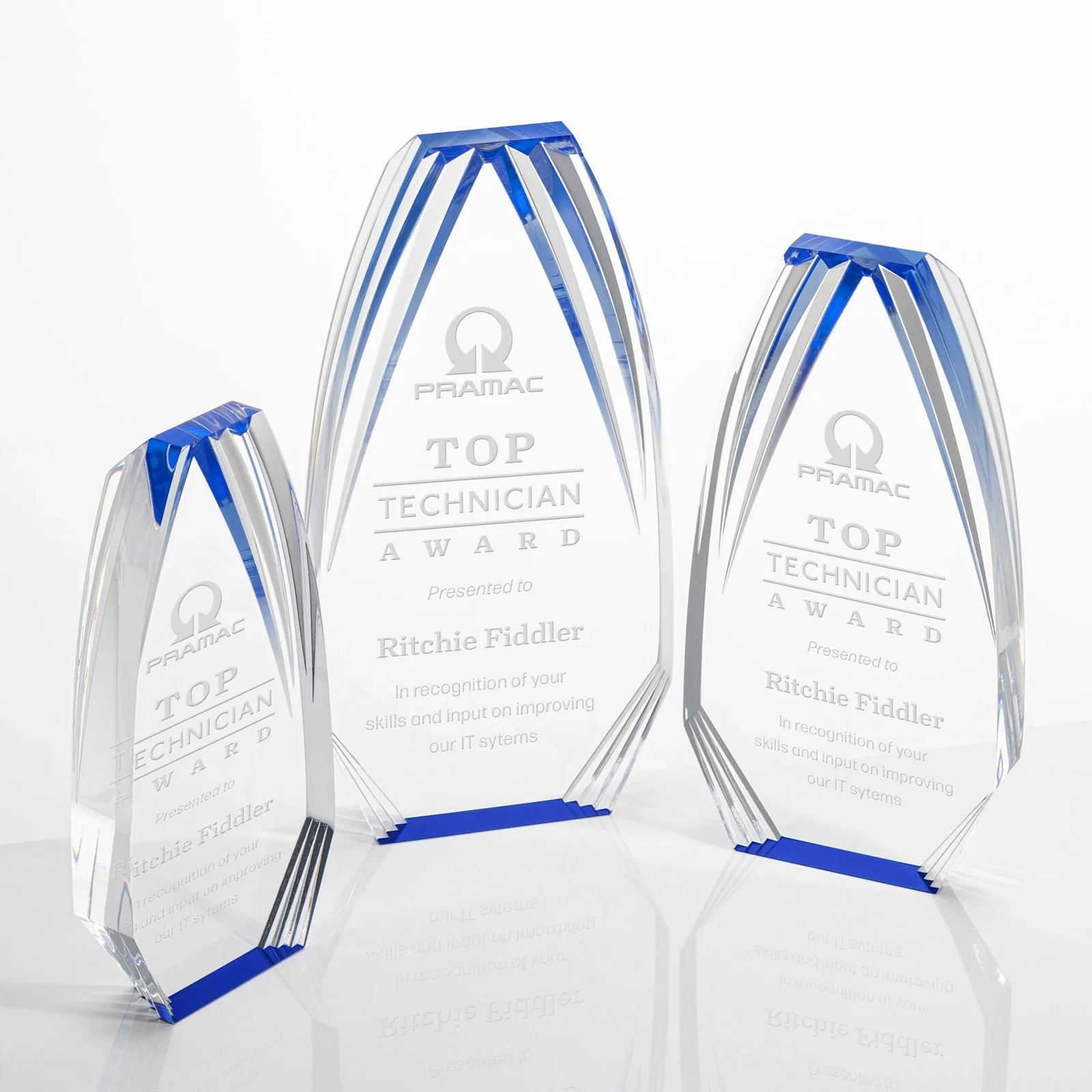 Custom Ridged-Frame Acrylic Award With Sapphire Reflecting Base for employee recognition