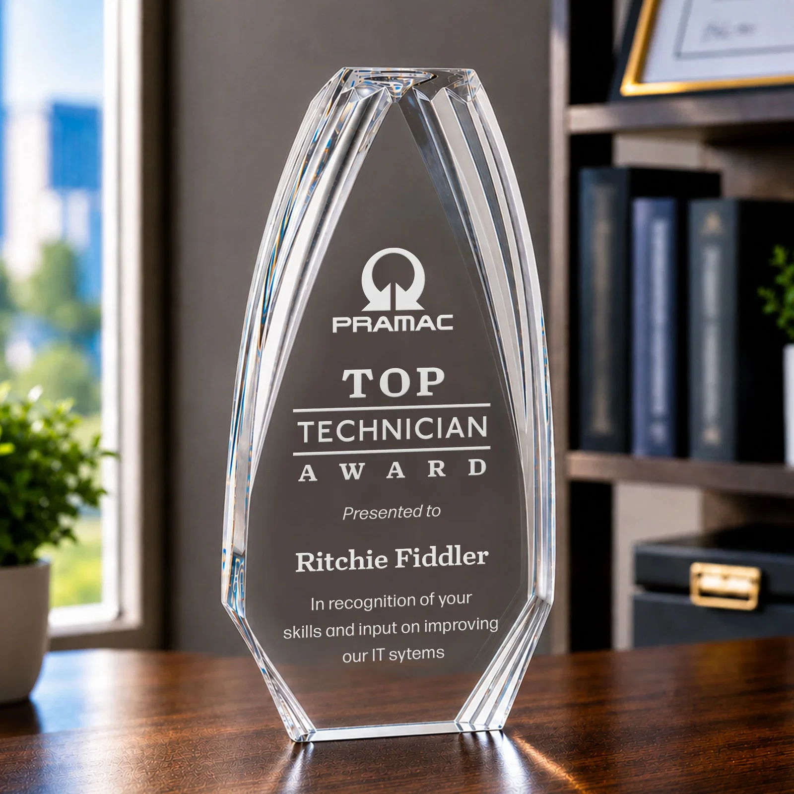 Custom Ridged-Frame Acrylic Award With Sapphire Reflecting Base for volunteer appreciation