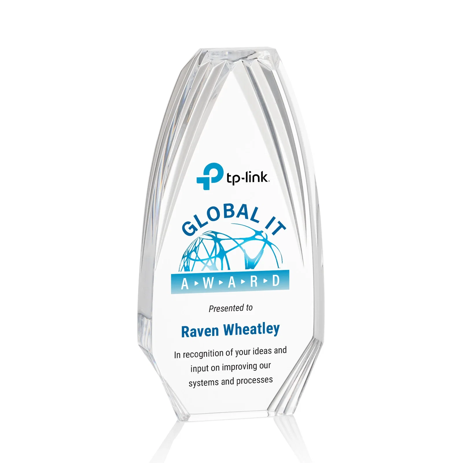 Custom Ridged-Frame Acrylic Award With Sapphire Reflecting Base for company anniversary events