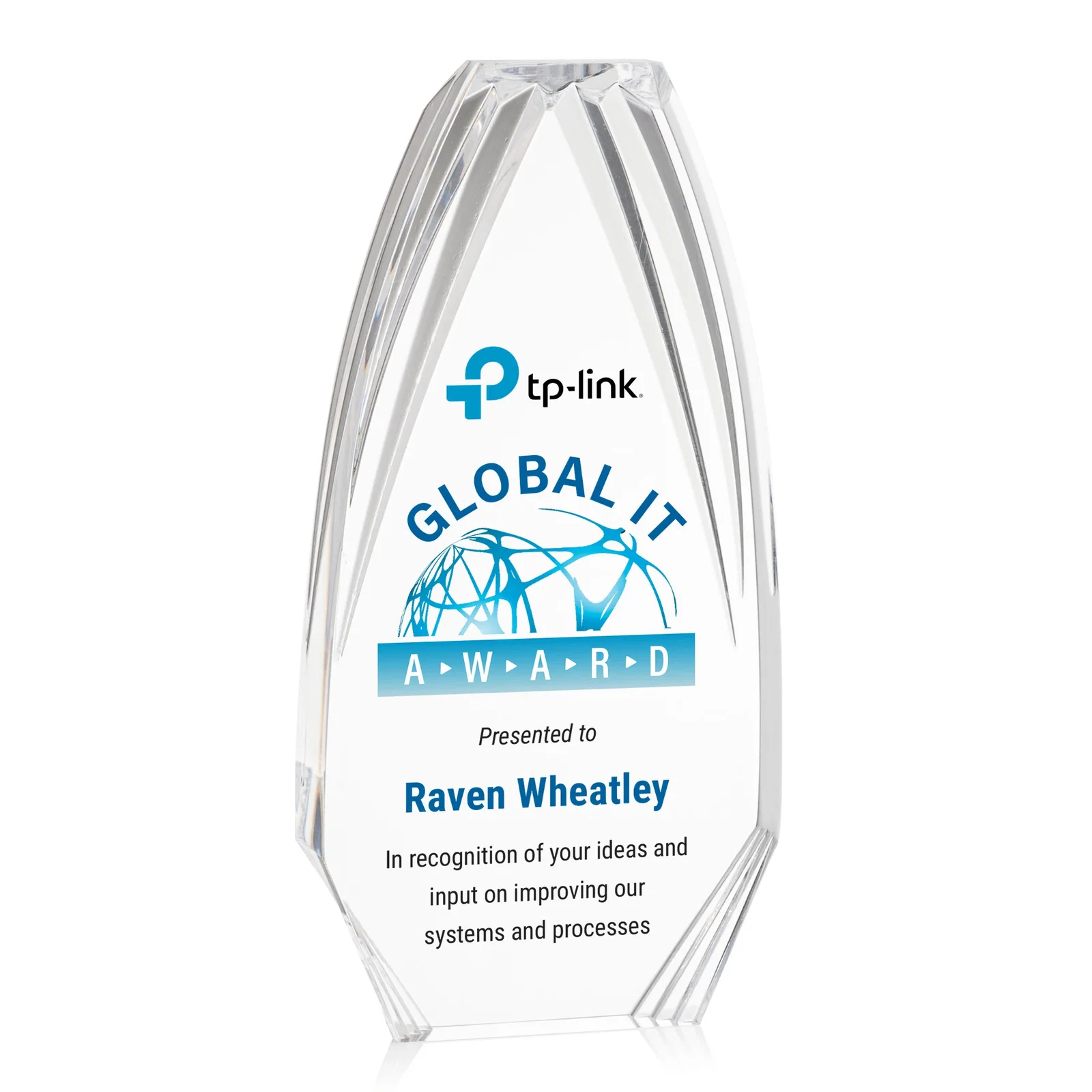 Personalized Ridged-Frame Acrylic Award With Sapphire Reflecting Base for corporate award ceremonies