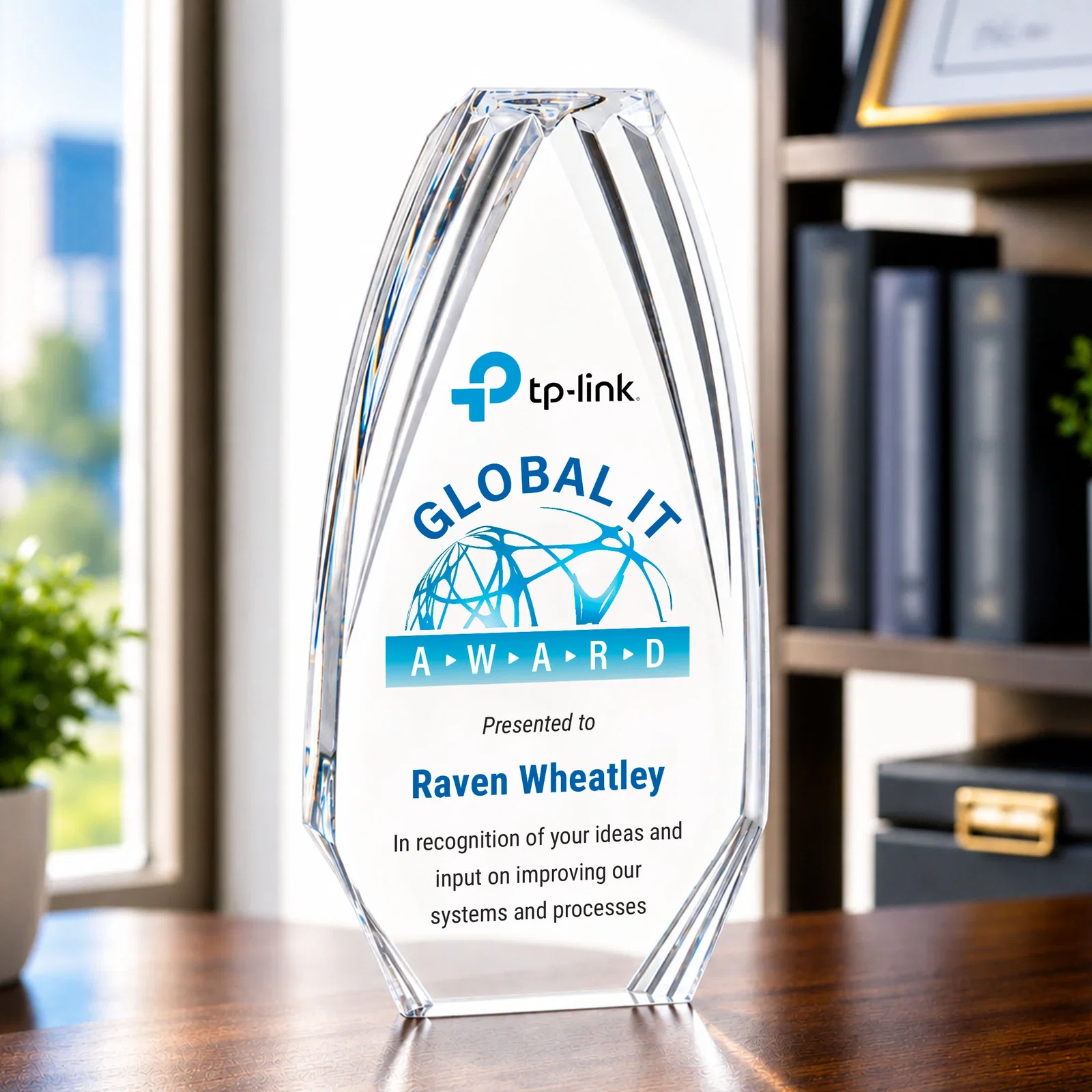 Personalized Ridged-Frame Acrylic Award With Sapphire Reflecting Base for service anniversary gifts