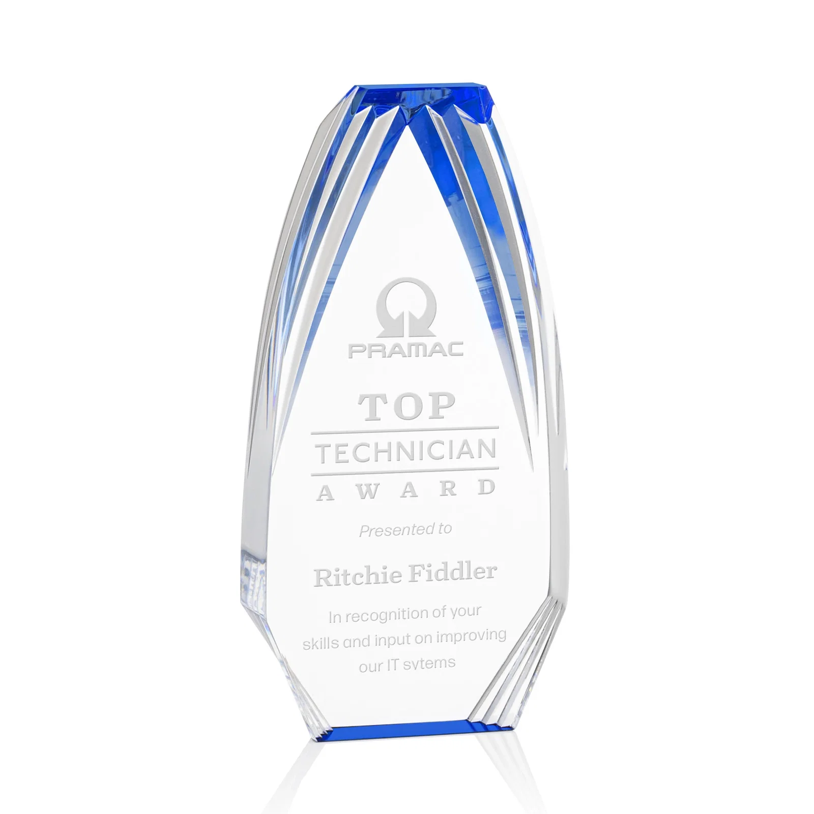 Custom Ridged-Frame Acrylic Award With Sapphire Reflecting Base for corporate award ceremonies