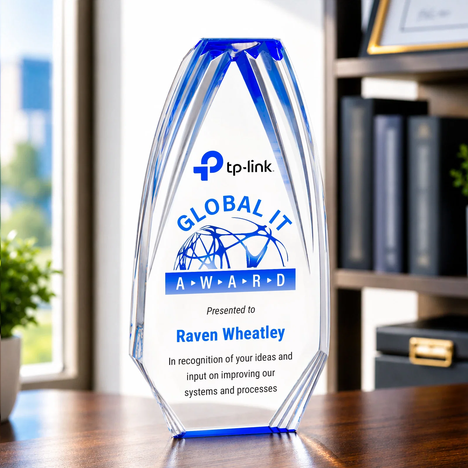 Personalized Ridged-Frame Acrylic Award With Sapphire Reflecting Base for graduation ceremonies