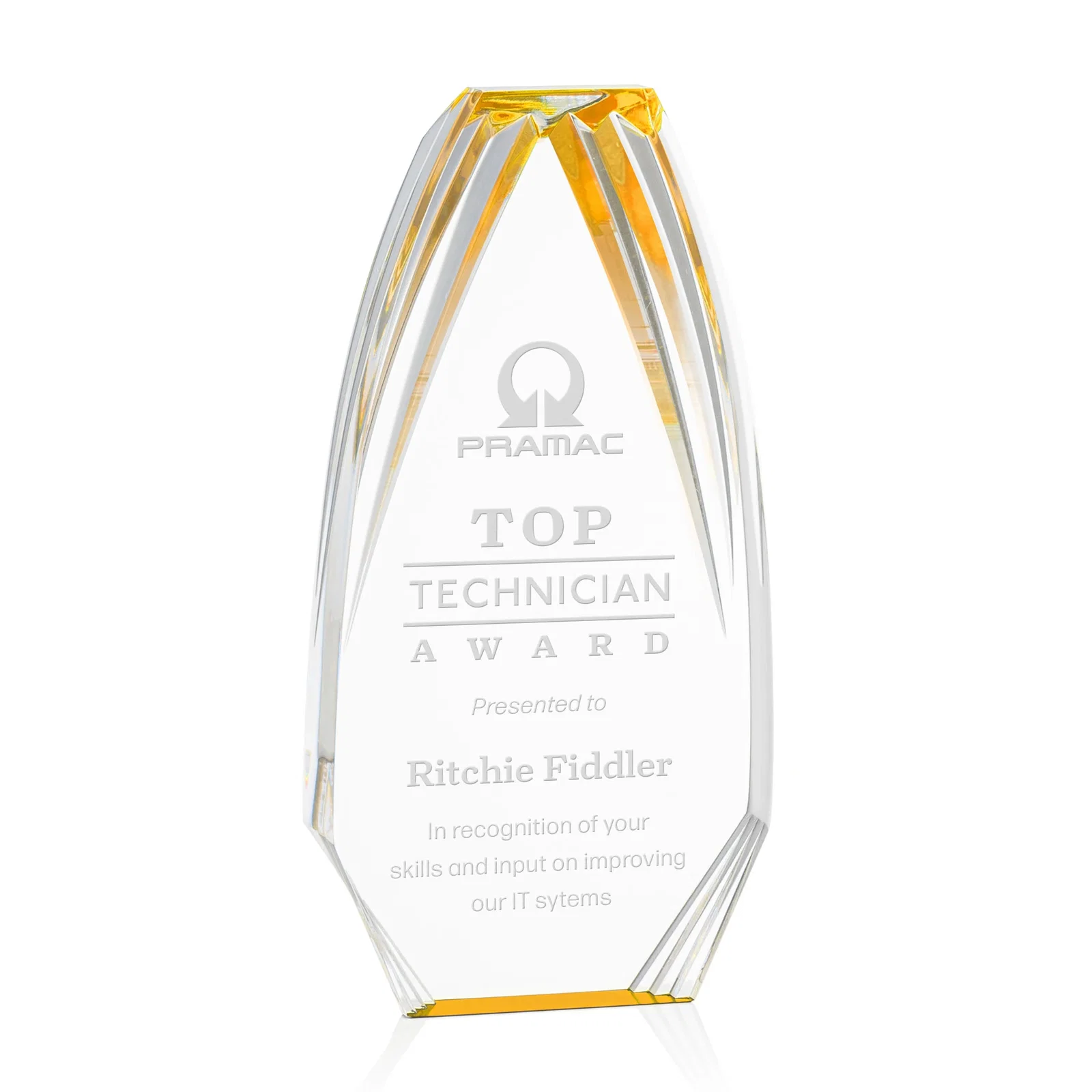 Personalized Ridged-Frame Acrylic Award With Sapphire Reflecting Base for dealer and partner awards