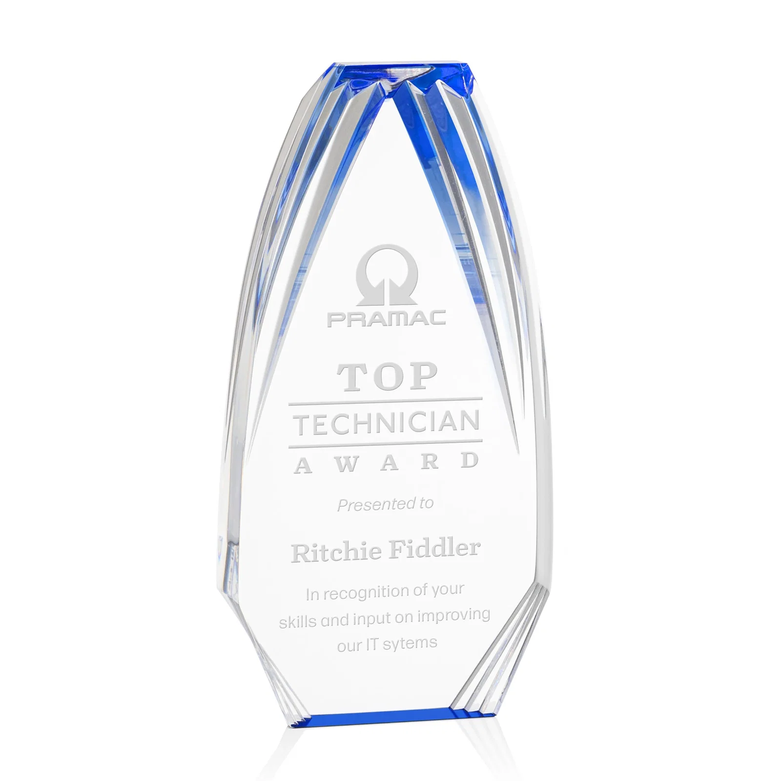 Custom Ridged-Frame Acrylic Award With Sapphire Reflecting Base for service anniversary gifts