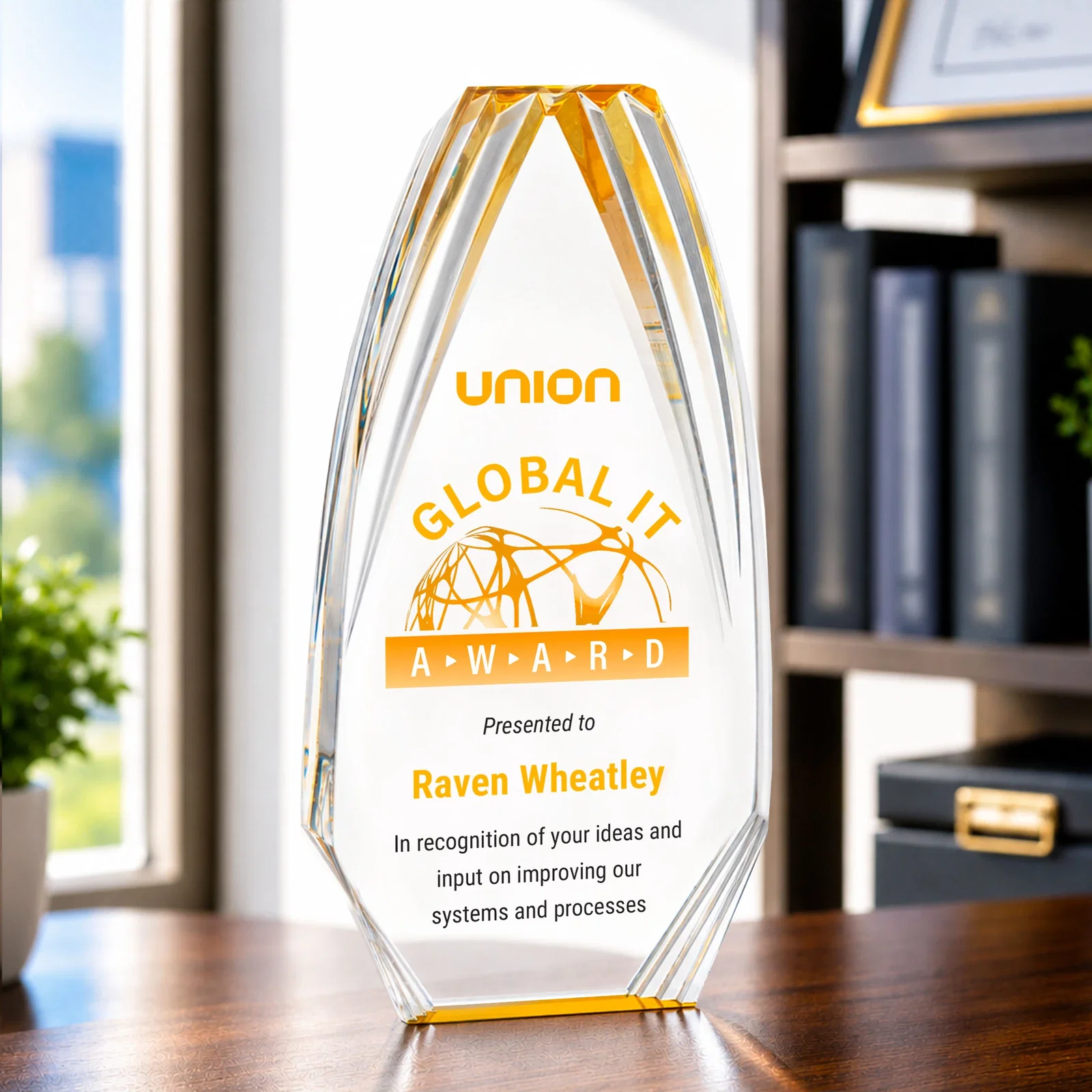 Promotional Ridged-Frame Acrylic Award With Sapphire Reflecting Base for team milestone celebrations