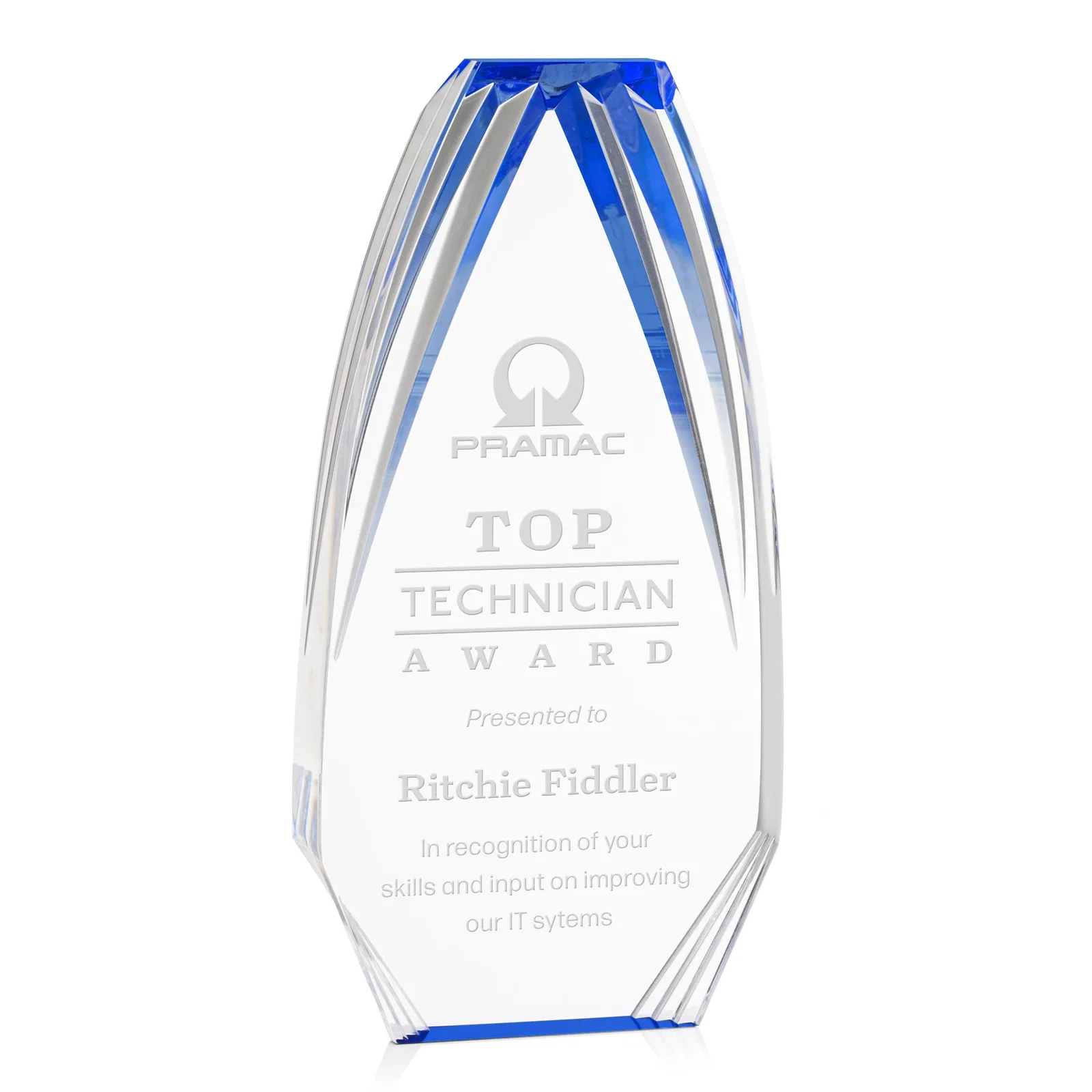 Custom Ridged-Frame Acrylic Award With Sapphire Reflecting Base for sales achievement awards