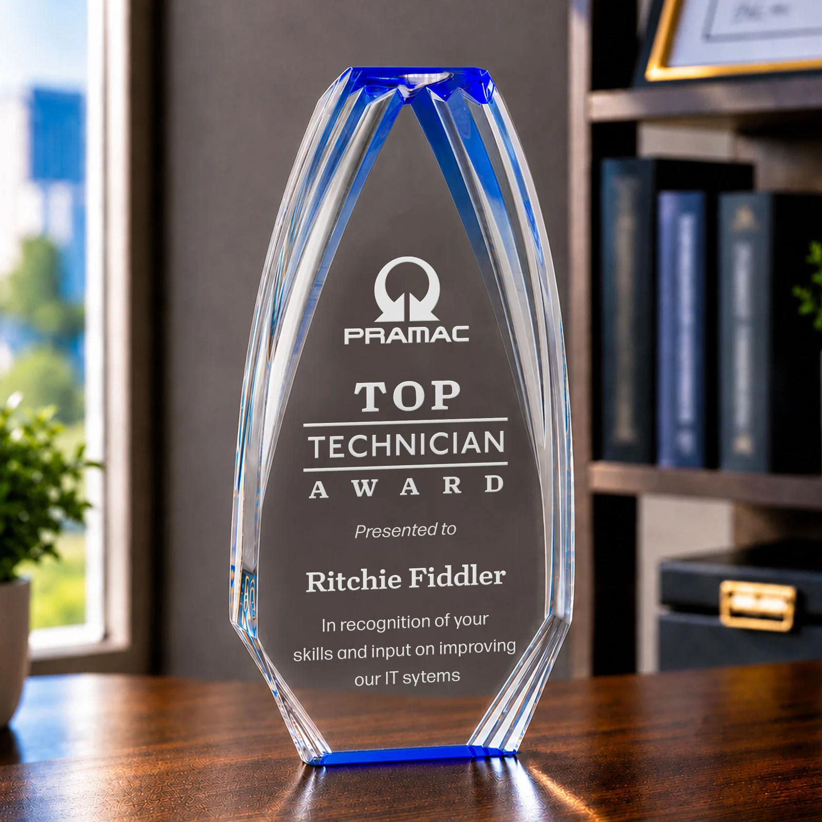 Custom Ridged-Frame Acrylic Award With Sapphire Reflecting Base for retirement presentations