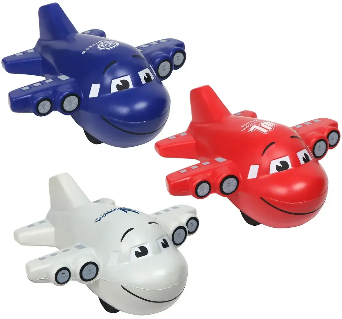 Large Airplane Stress Reliever, custom passenger-jet foam squeeze toy, front view for branded logo giveaways