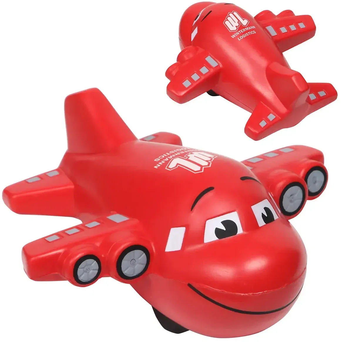 Large Airplane Stress Reliever custom foam squeeze toy, angled detail of branded logo giveaway plane