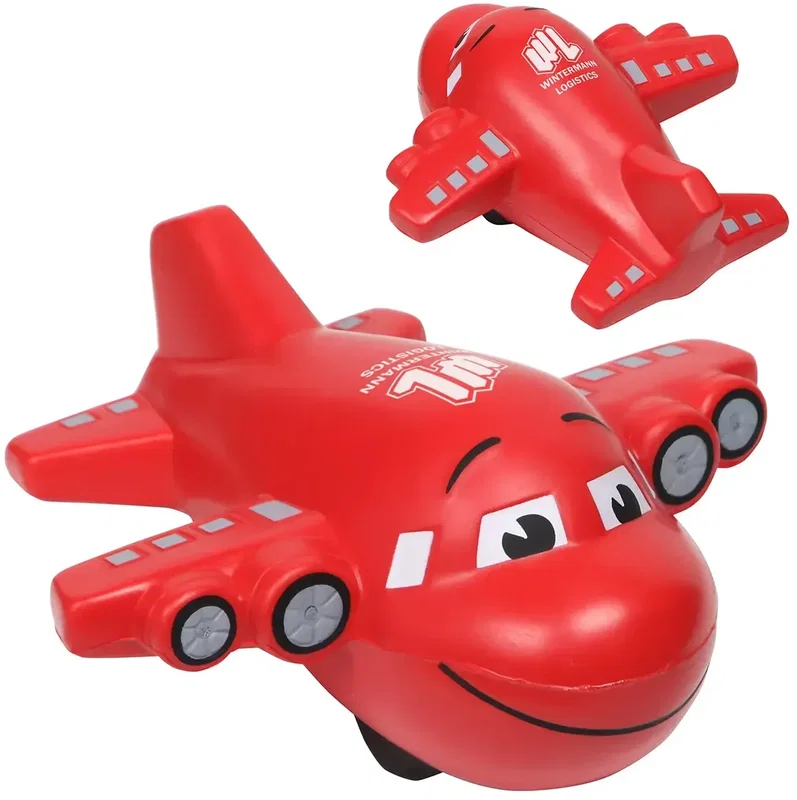 Large Airplane Stress Reliever custom foam squeeze toy, angled detail of branded logo giveaway plane