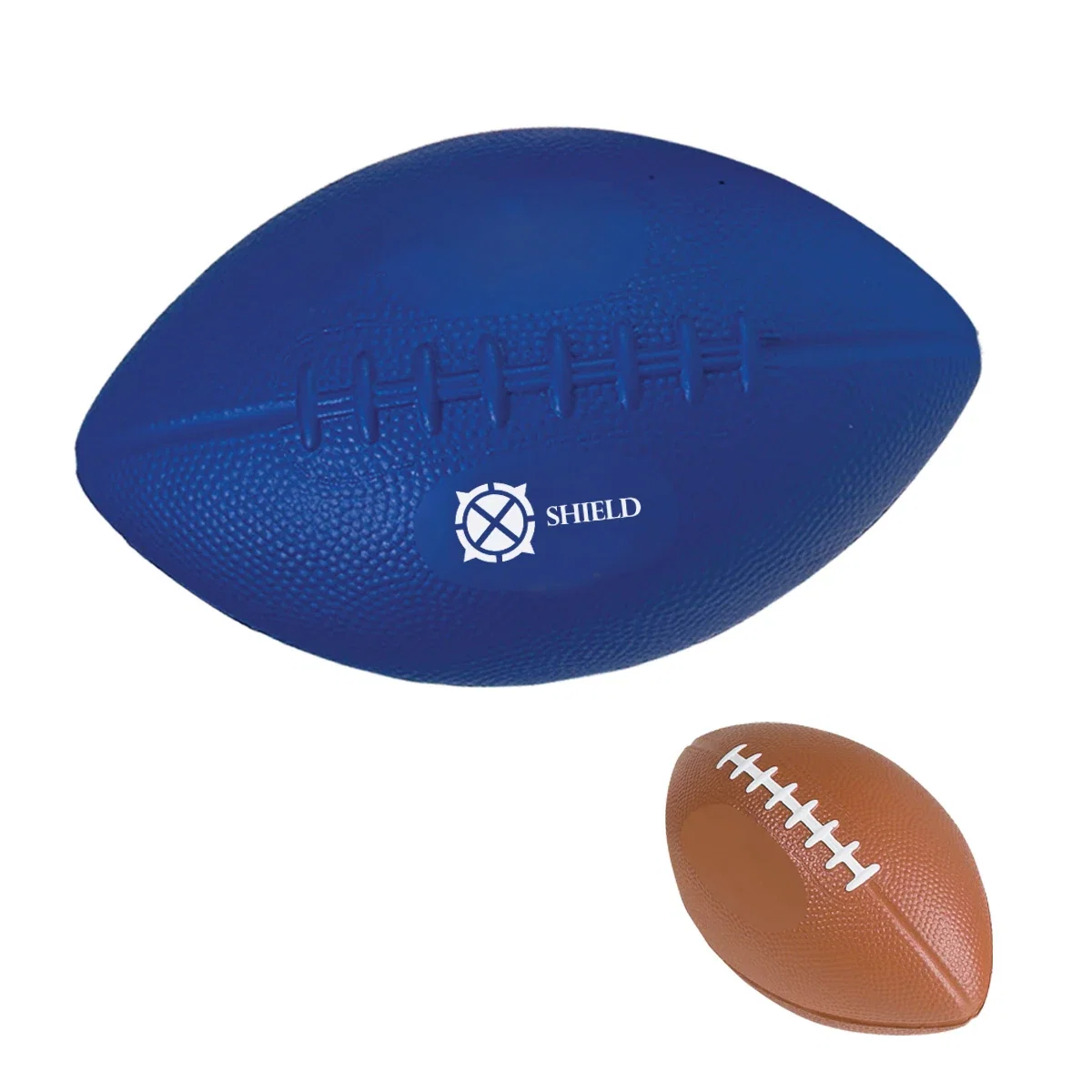 Football gripped in one hand for scale