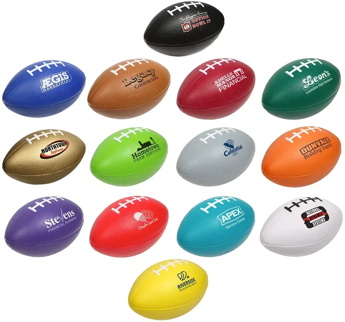 Large Football Stress Reliever hero shot, custom promotional football-shaped stress ball with logo