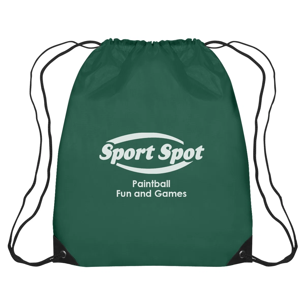 Forest green pack hanging by its drawstrings