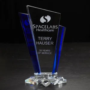 11.13 Inch Crystal Inclination Award, Blue Accents, Etched Imprint