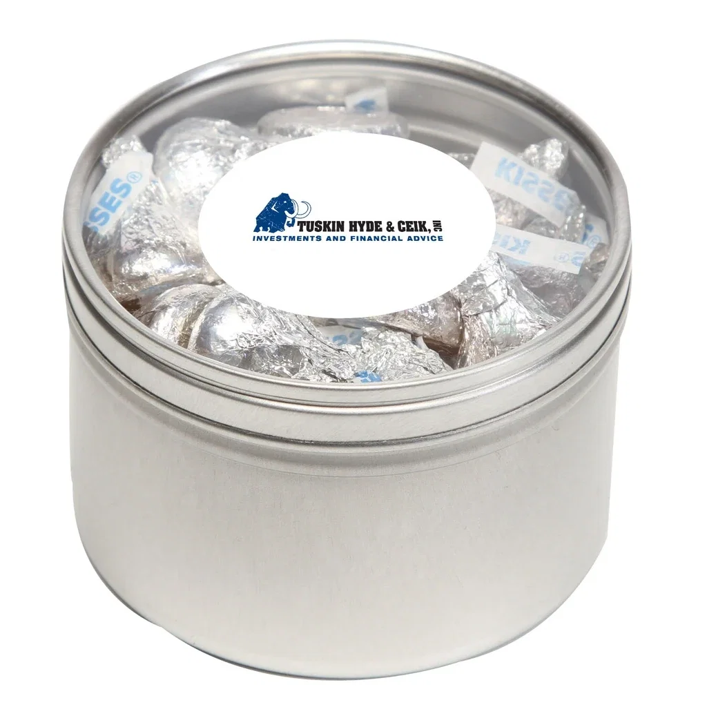 Large Round Window Tin Premium Fill — Silver,Candy Fill: Hershey's™ Kisses™