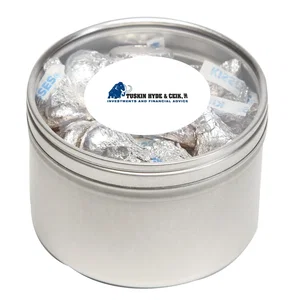 Large Round Window Tin, 3.13" Silver Tin with Clear Lid, Full-Color Imprint