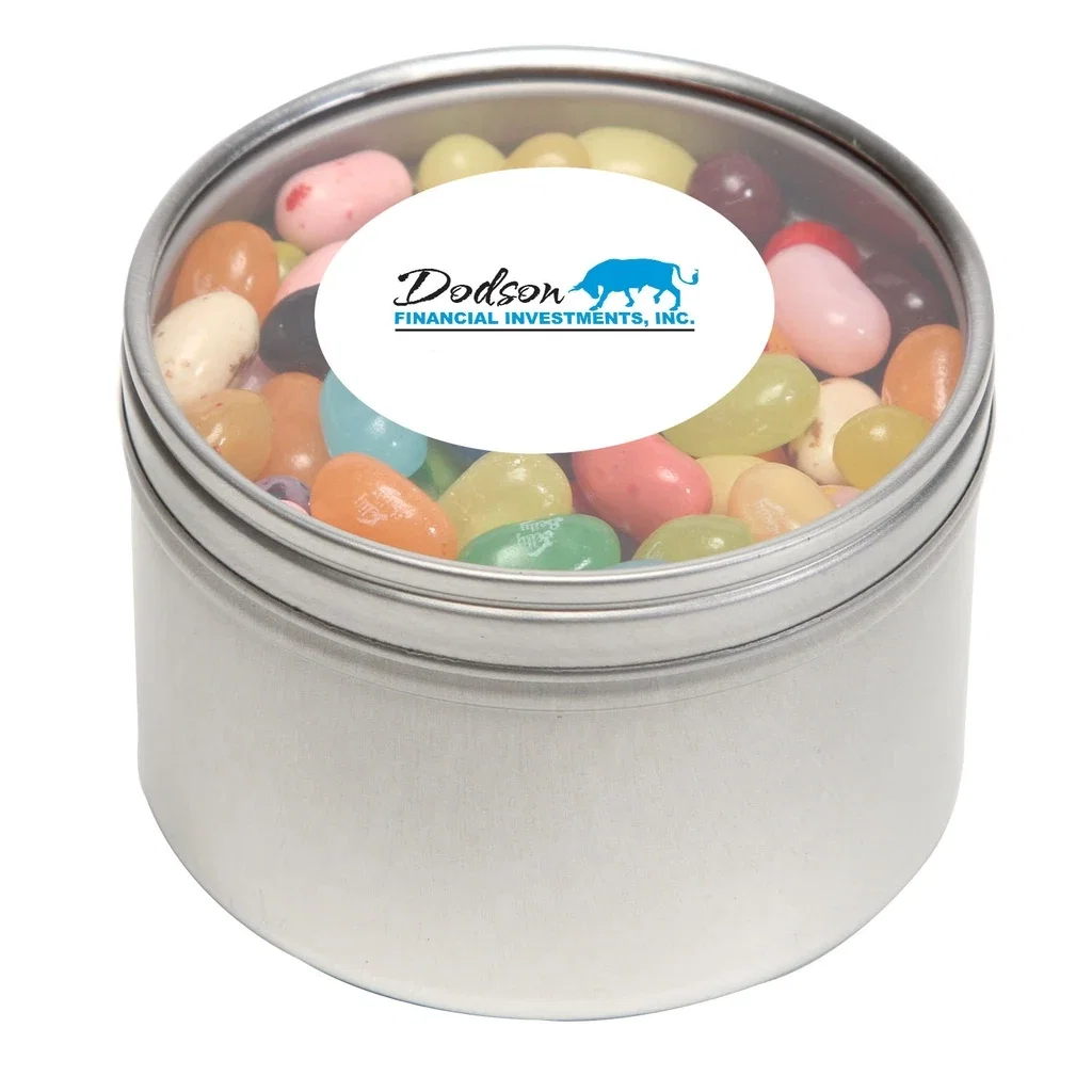 Large Round Window Tin Premium Fill — Silver,Candy Fill: Jelly Belly™ Candy — view 2