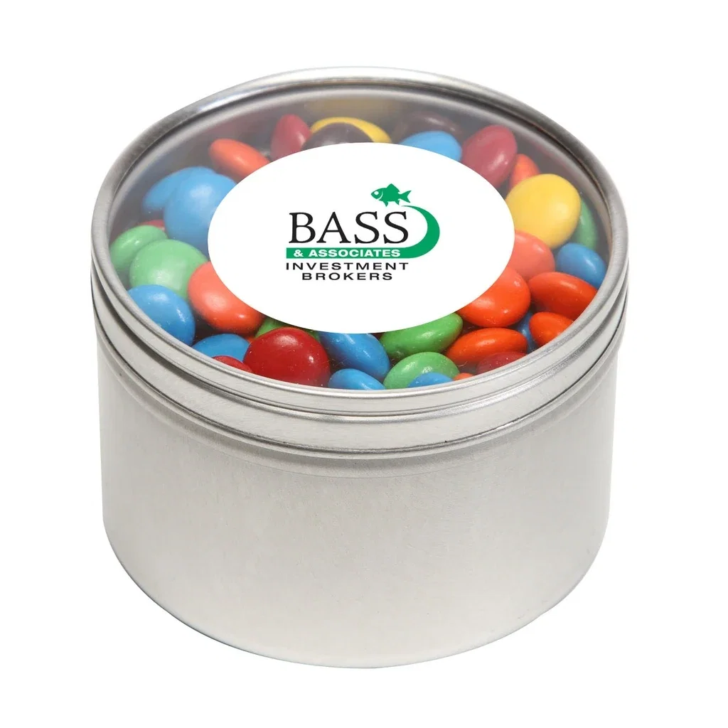 Large Round Window Tin Premium Fill — Silver,Candy Fill: M&M's™ — view 4