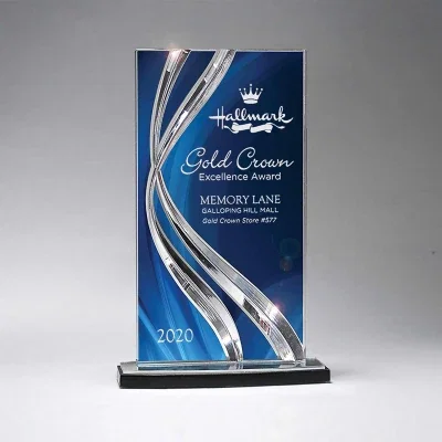 Sweeping ribbon award viewed from a three quarter angle
