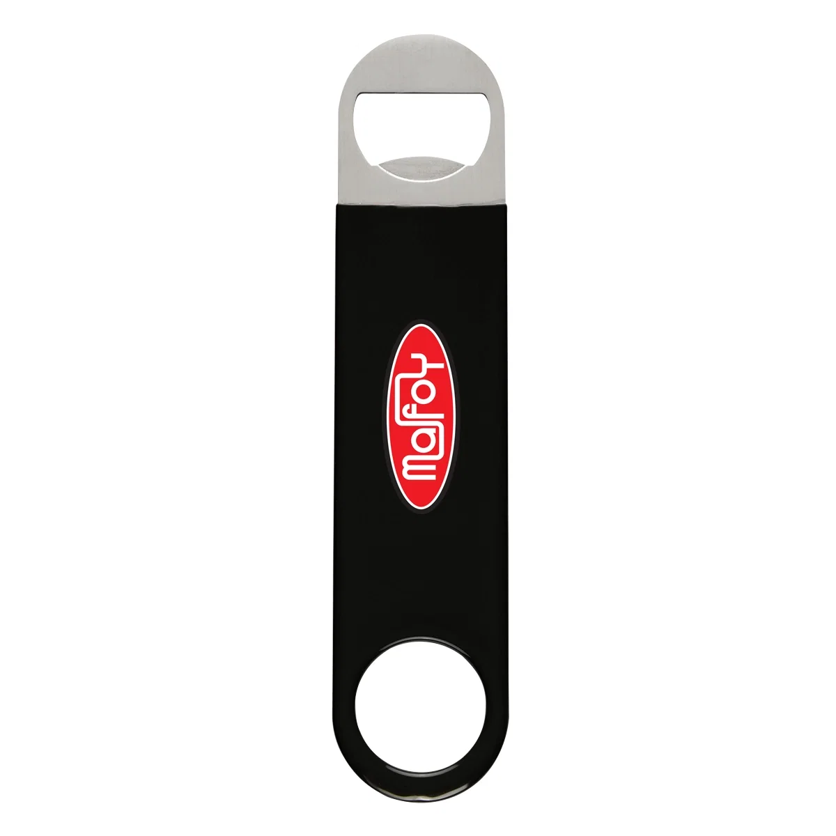 Stainless steel bottle opener finished with a black vinyl coating