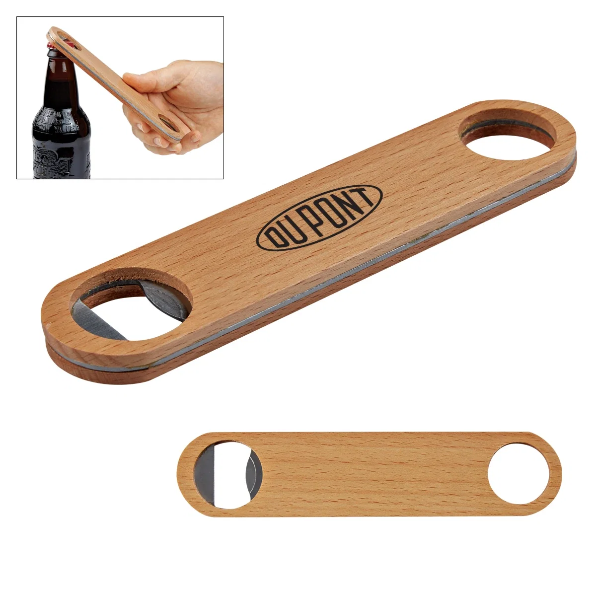 Custom Large Wood Bottle Opener held in hand