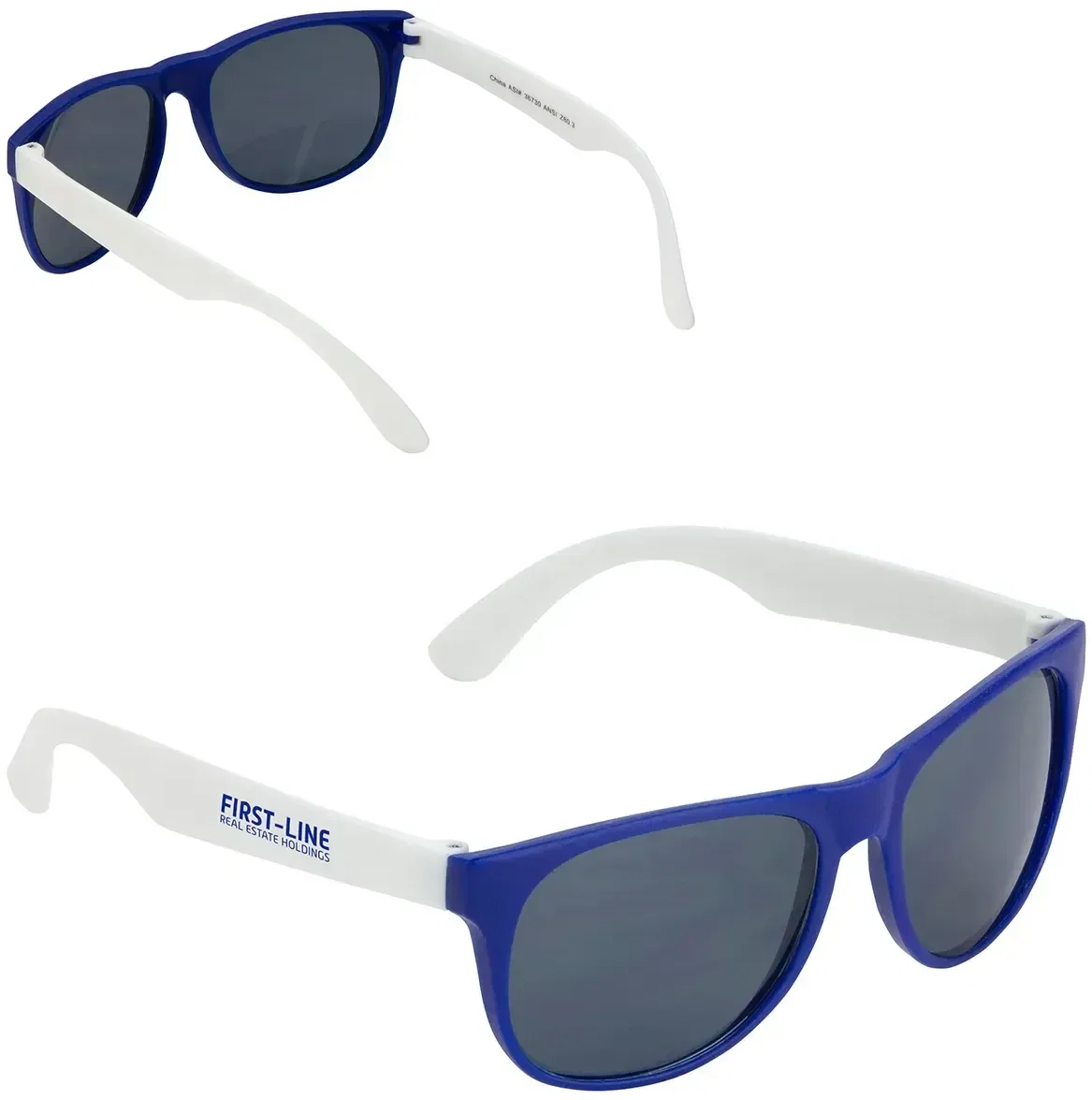 Promotional branded Largo two-tone sunglasses side profile, logo on temple