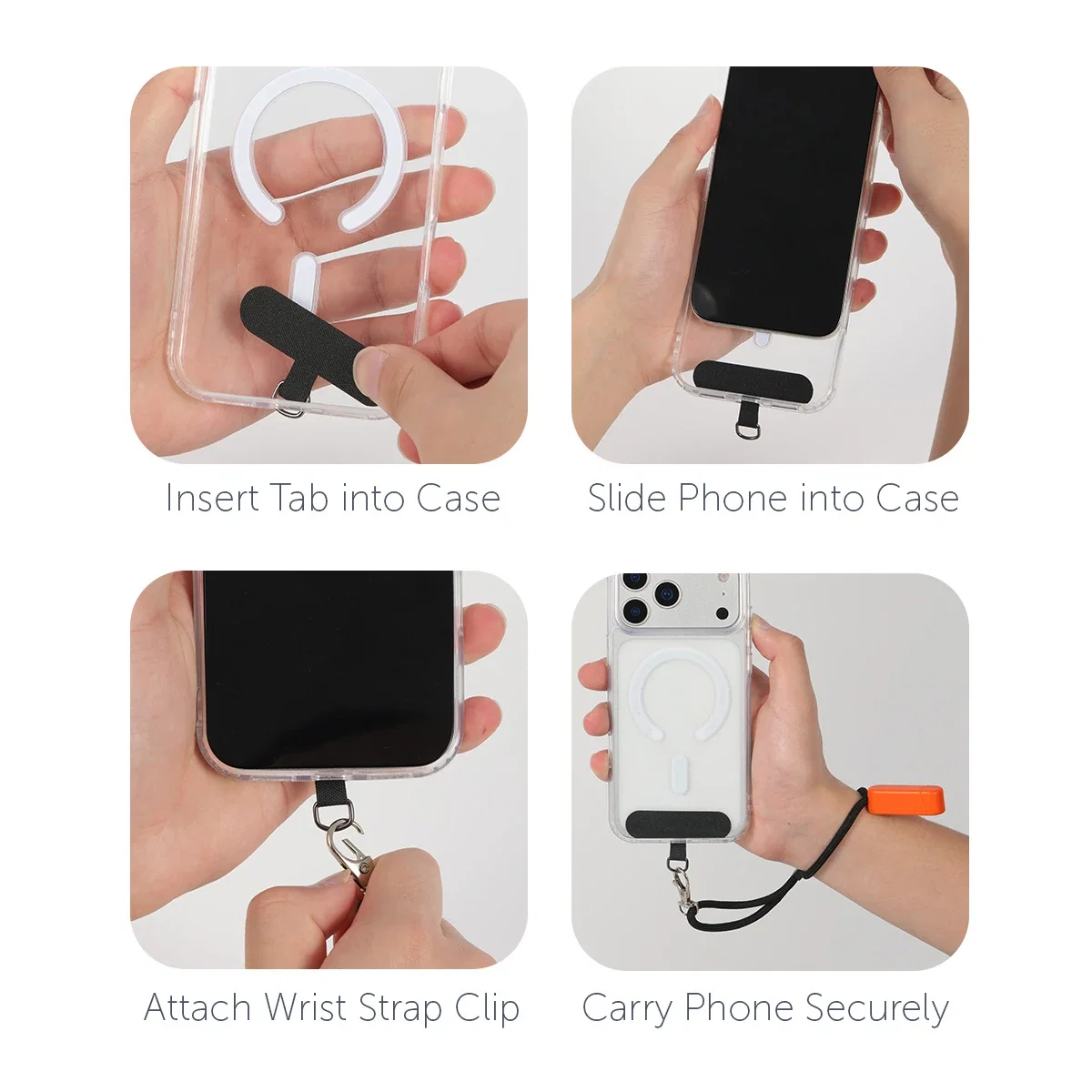 Lariat Phone Hand Strap attached to a smartphone, lifestyle in-use shot