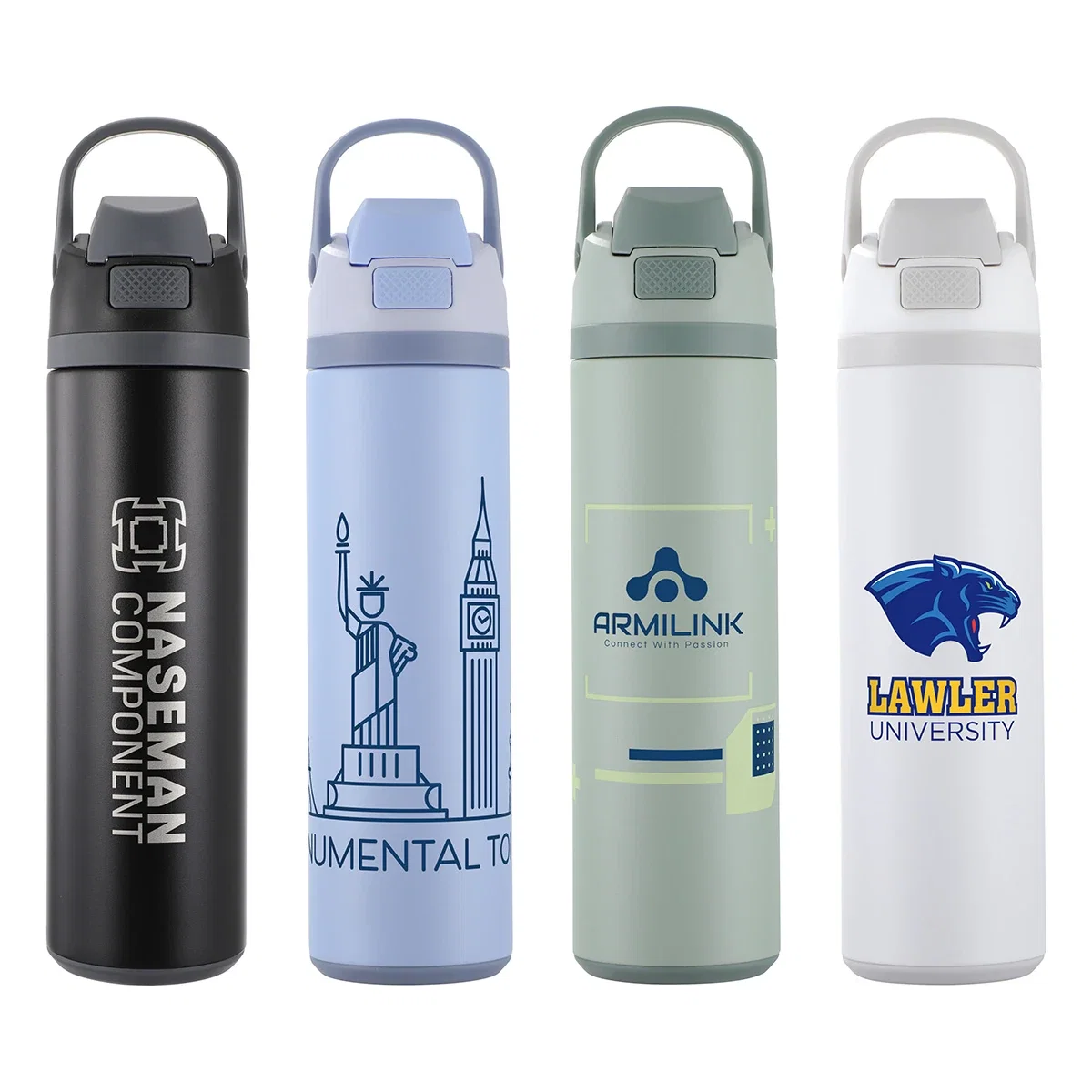 Custom Lark 24 oz Vacuum Recycled Stainless Steel Bottle, front view of the branded bottle