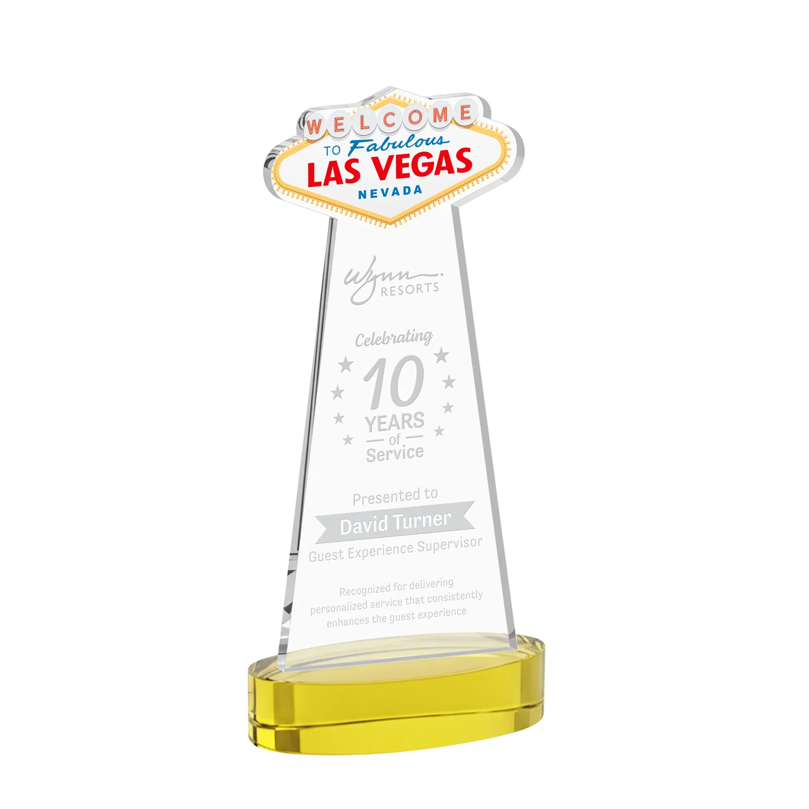 Custom Starfire Crystal Las Vegas Sign Award on Alberton Oval Base for volunteer appreciation