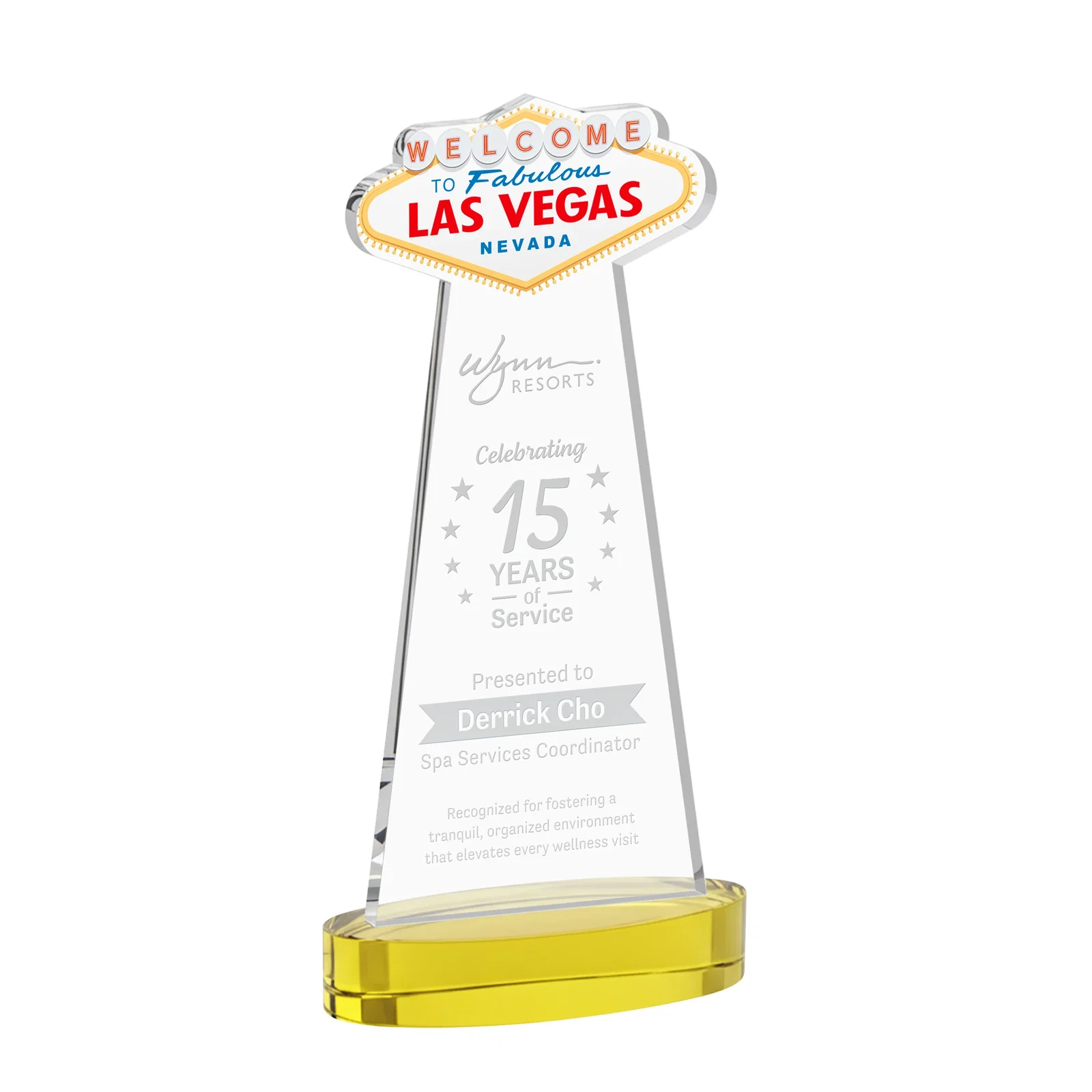 Custom Starfire Crystal Las Vegas Sign Award on Alberton Oval Base for dealer and partner awards