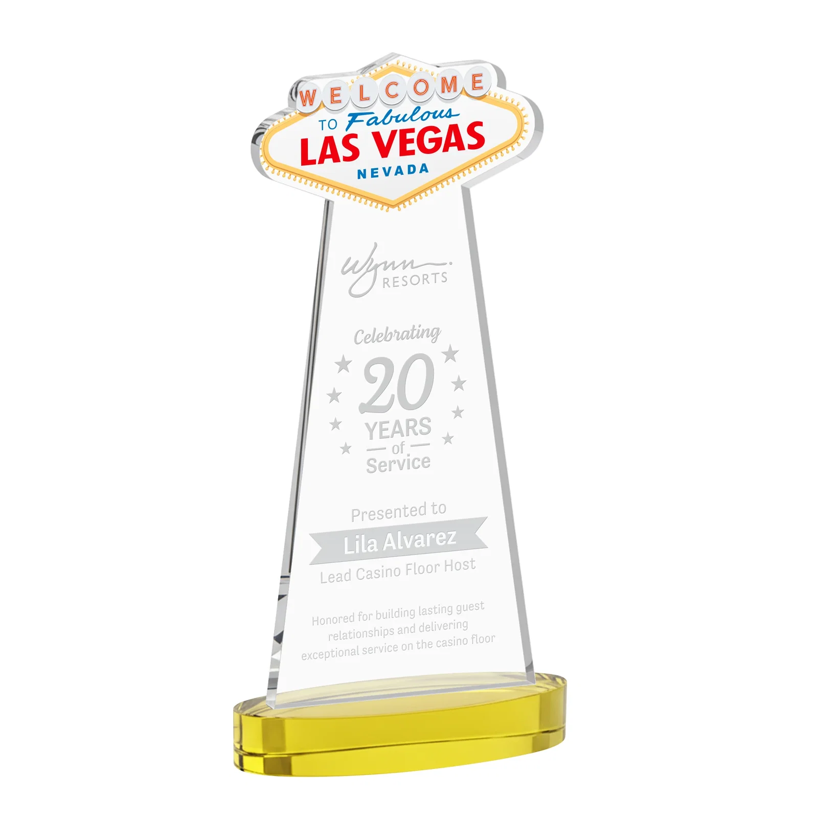 Custom Starfire Crystal Las Vegas Sign Award on Alberton Oval Base for company anniversary events