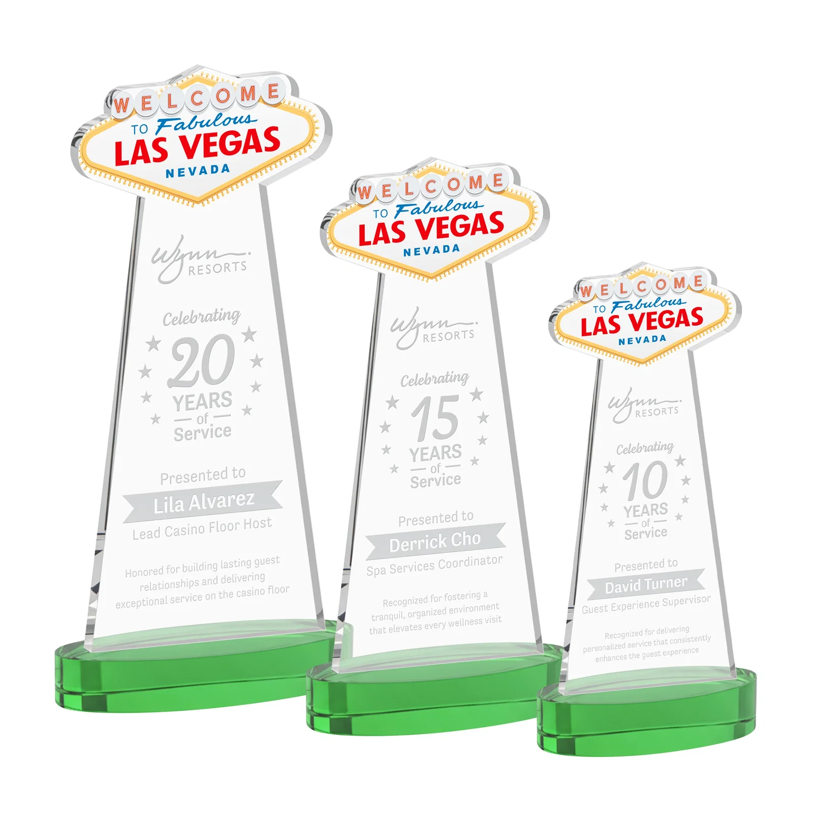 Personalized Starfire Crystal Las Vegas Sign Award on Alberton Oval Base for employee recognition
