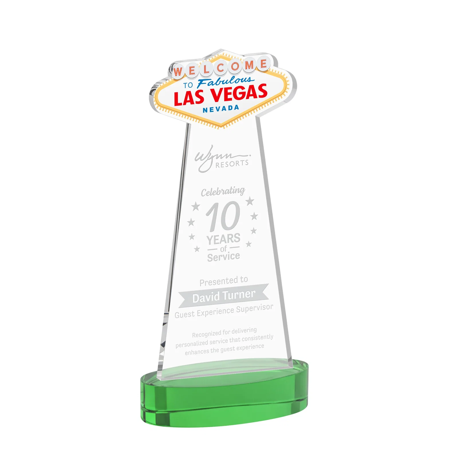 Personalized Starfire Crystal Las Vegas Sign Award on Alberton Oval Base for corporate award ceremonies