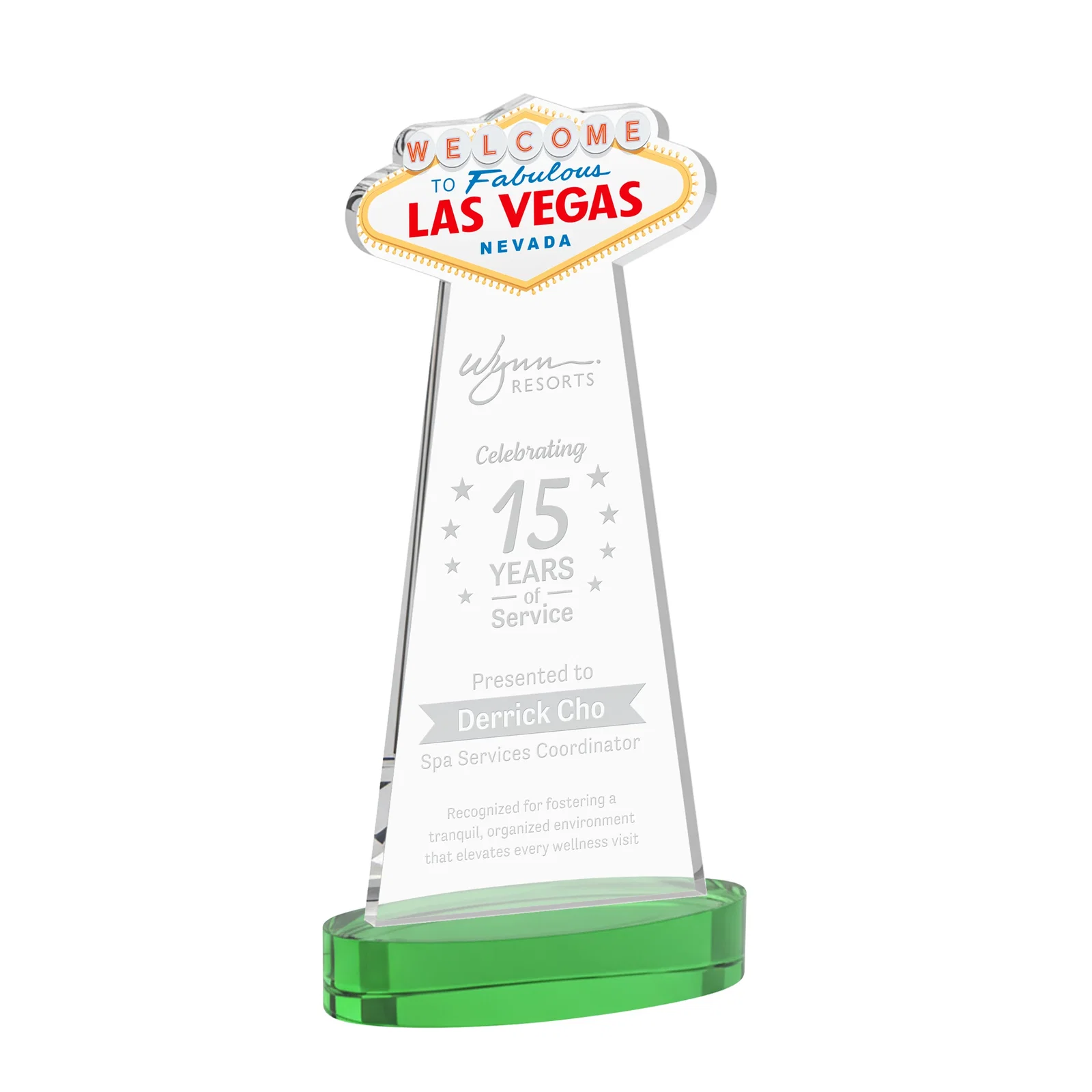 Personalized Starfire Crystal Las Vegas Sign Award on Alberton Oval Base for service anniversary gifts