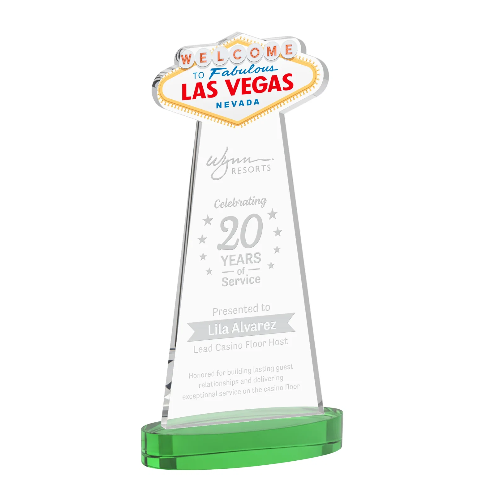 Personalized Starfire Crystal Las Vegas Sign Award on Alberton Oval Base for sales achievement awards