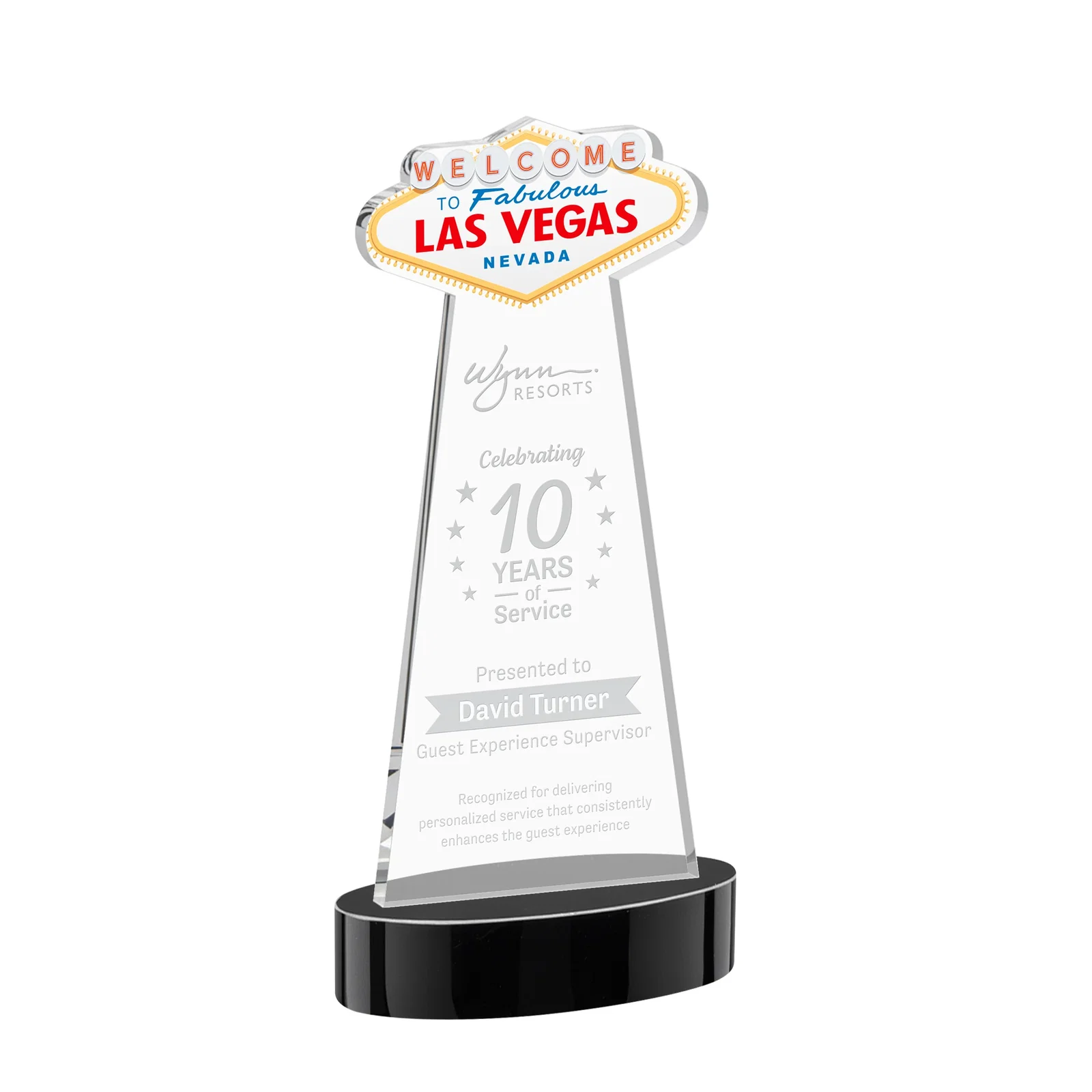 Personalized Starfire Crystal Las Vegas Sign Award on Alberton Oval Base for team milestone celebrations