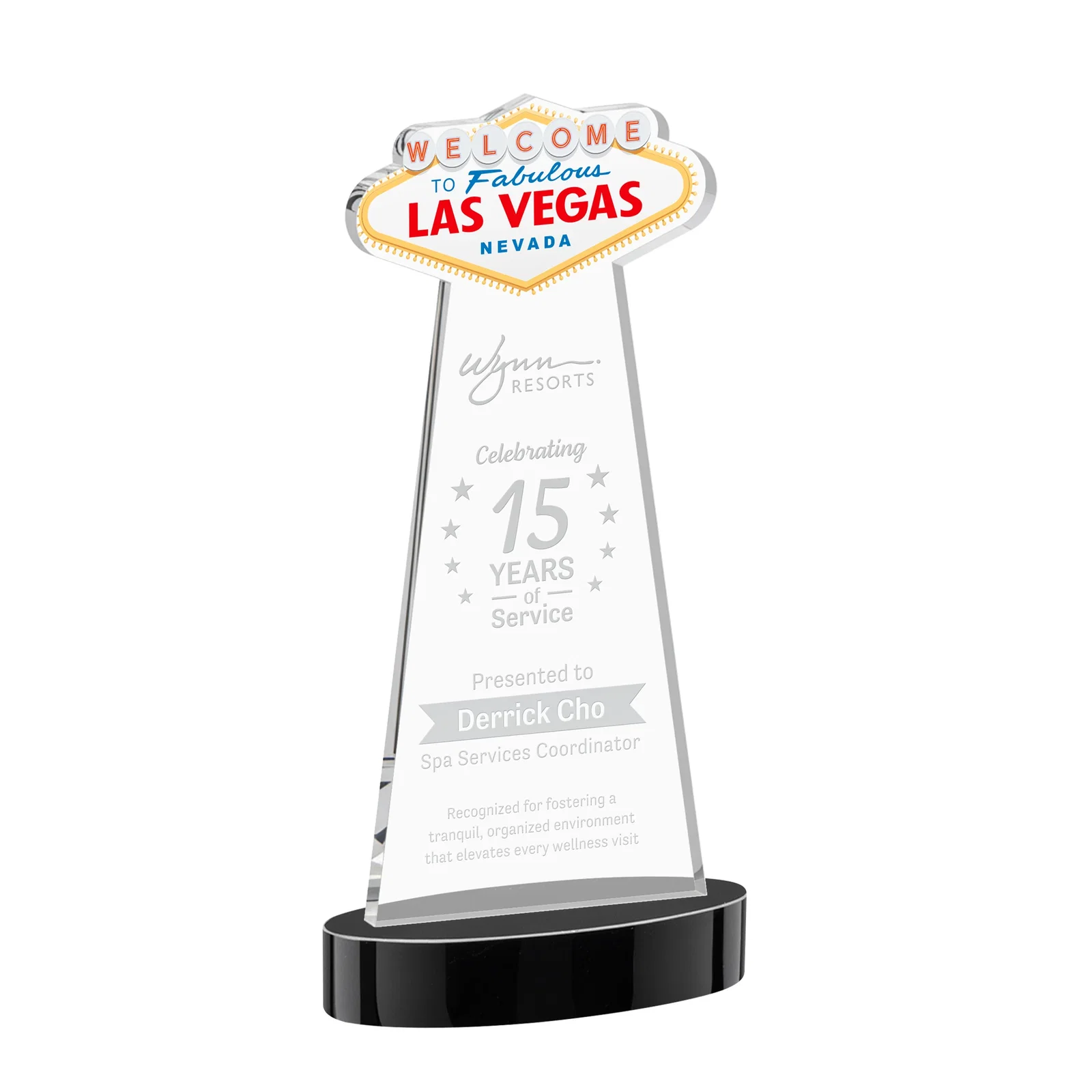 Personalized Starfire Crystal Las Vegas Sign Award on Alberton Oval Base for donor appreciation