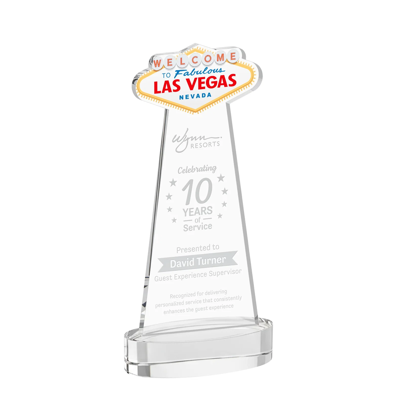 Custom Starfire Crystal Las Vegas Sign Award on Alberton Oval Base for corporate award ceremonies