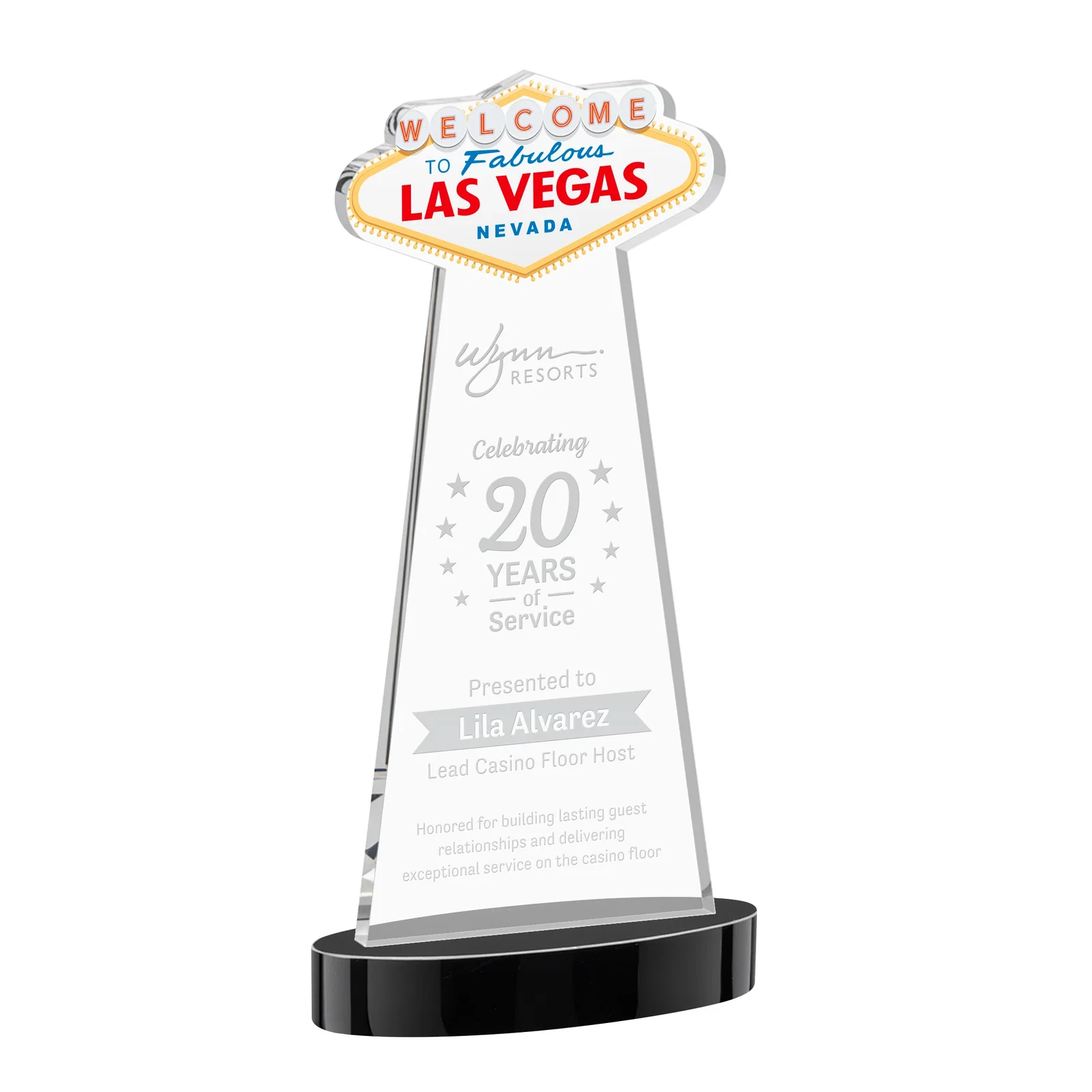 Personalized Starfire Crystal Las Vegas Sign Award on Alberton Oval Base for graduation ceremonies