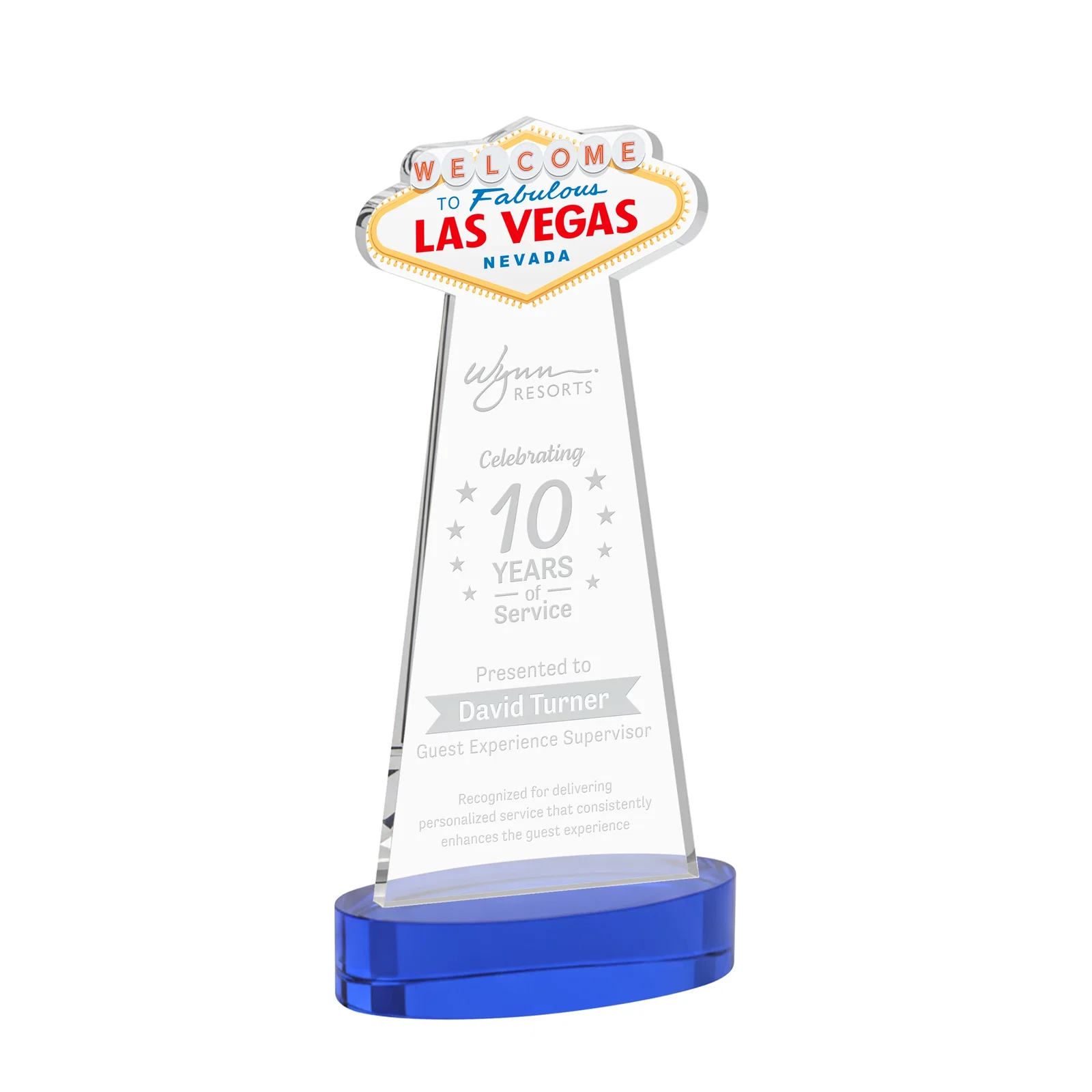 Personalized Starfire Crystal Las Vegas Sign Award on Alberton Oval Base for volunteer appreciation