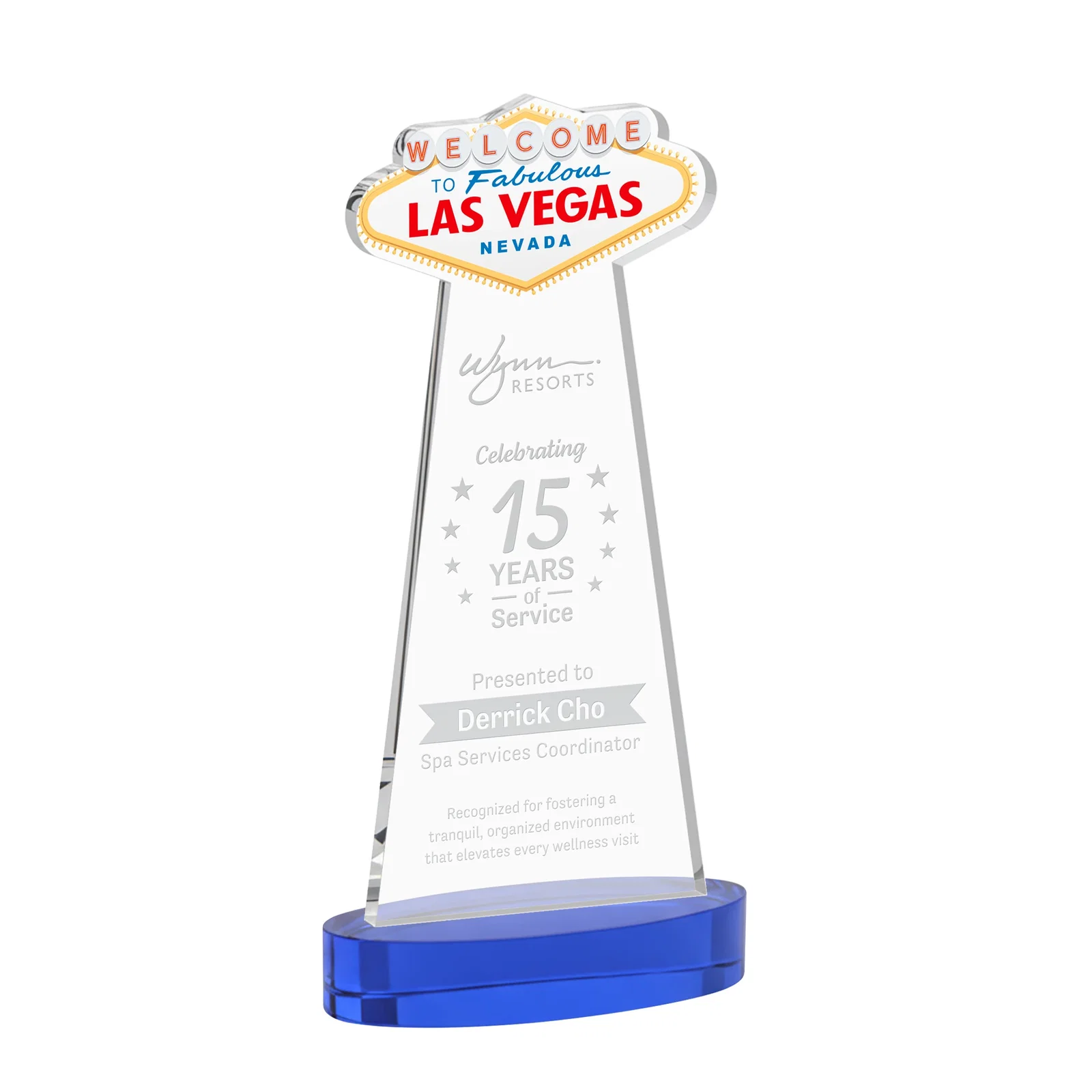Personalized Starfire Crystal Las Vegas Sign Award on Alberton Oval Base for dealer and partner awards