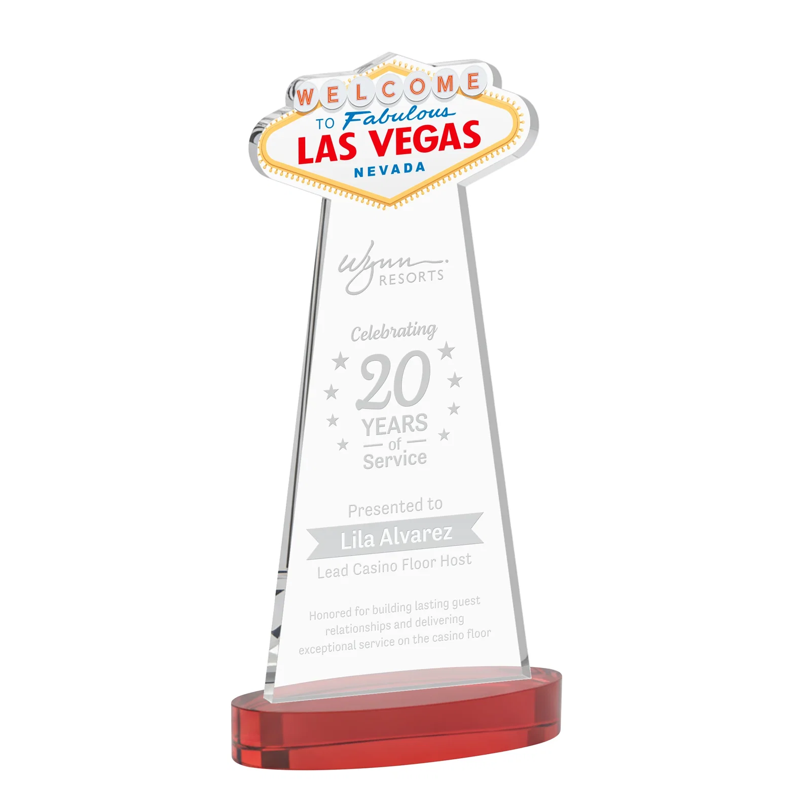 Promotional Starfire Crystal Las Vegas Sign Award on Alberton Oval Base for sales achievement awards