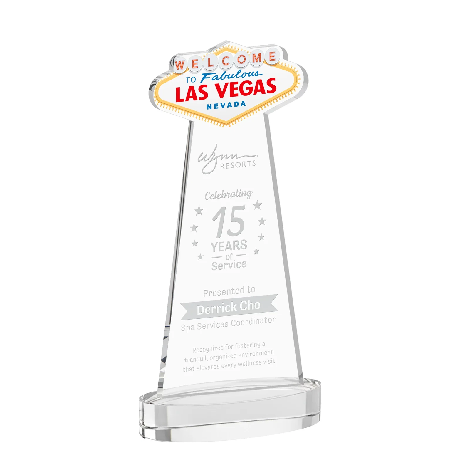 Custom Starfire Crystal Las Vegas Sign Award on Alberton Oval Base for service anniversary gifts