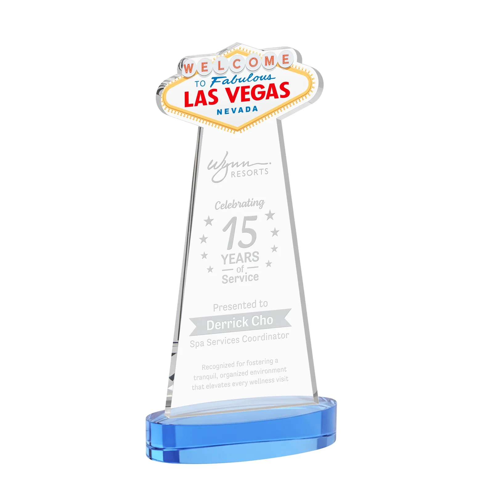 Promotional Starfire Crystal Las Vegas Sign Award on Alberton Oval Base for donor appreciation
