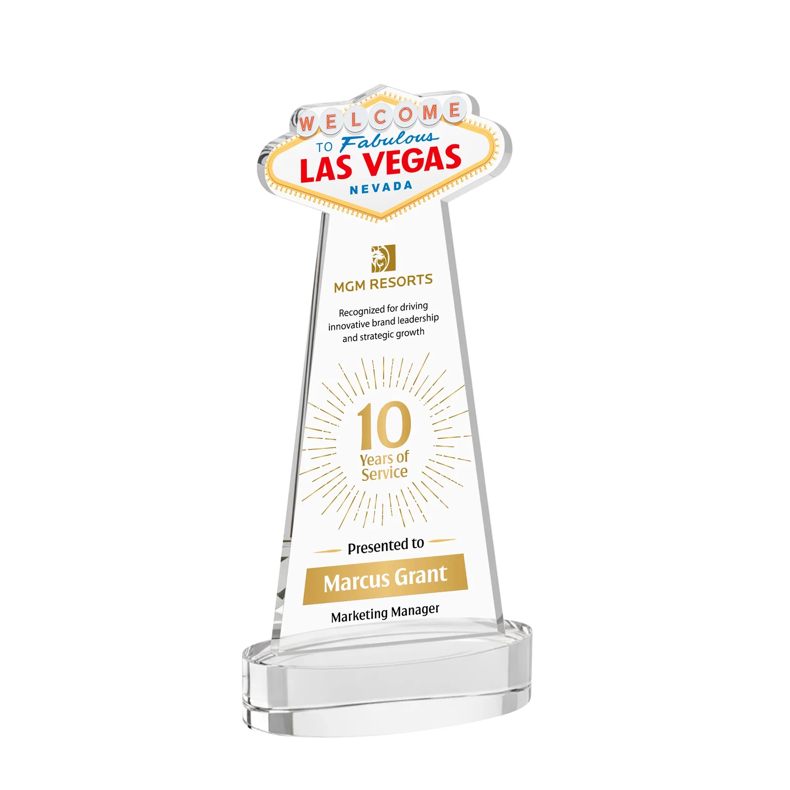 Branded Starfire Crystal Las Vegas Sign Award on Alberton Oval Base for corporate award ceremonies