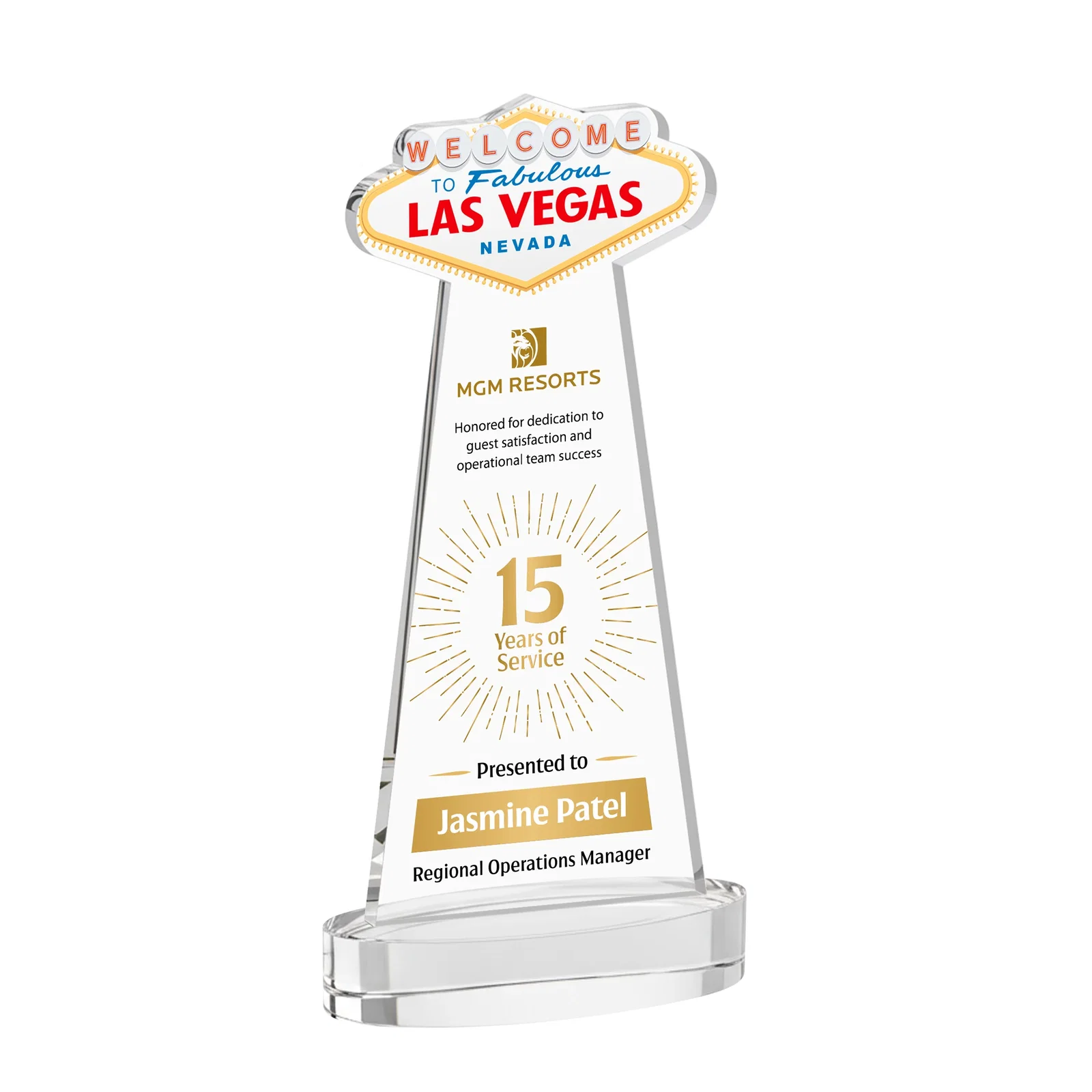 Branded Starfire Crystal Las Vegas Sign Award on Alberton Oval Base for service anniversary gifts